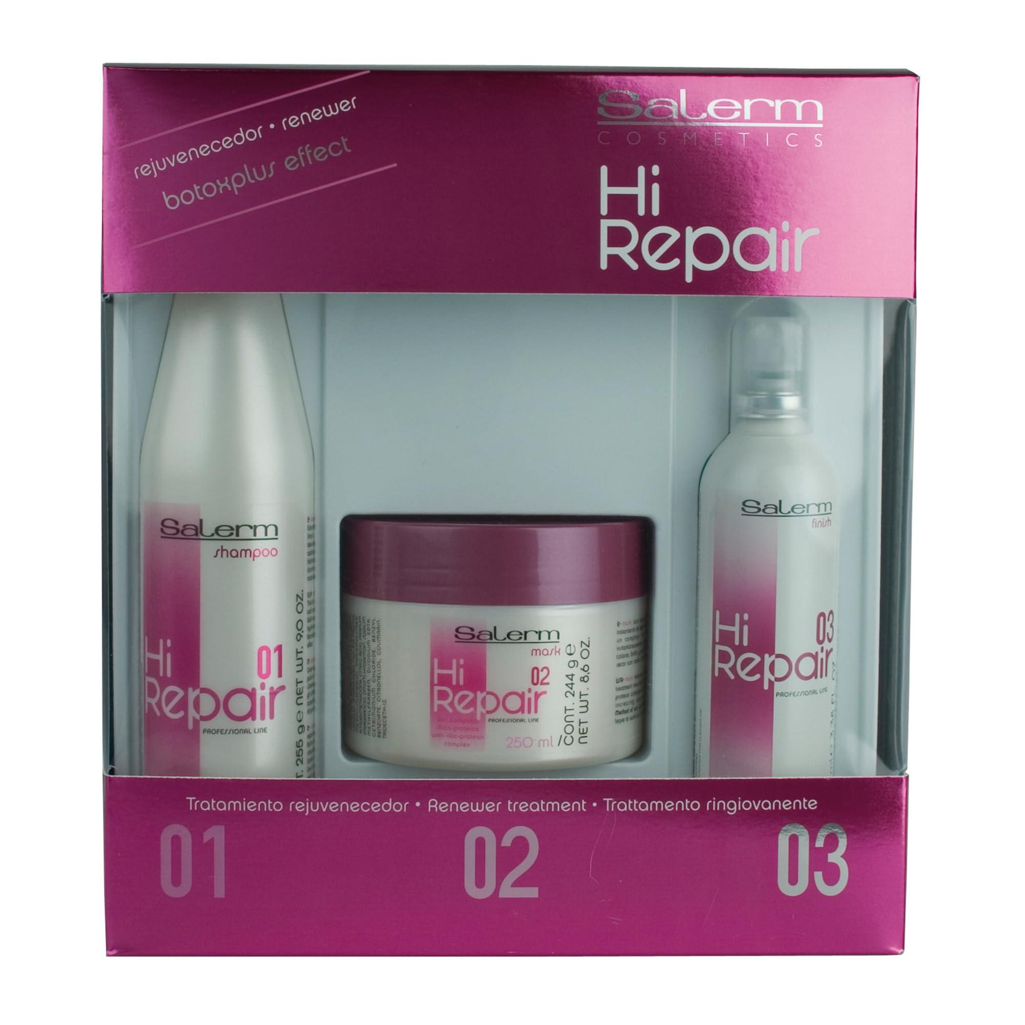 SALERM SALERM - Damaged Hair Repair Treatment - Hi Repair Pack with Shampoo 250 ml + Mask 250 ml + Finish 100 ml - Deep Hydration for Damaged Hair - Revitalizes and Rejuvenates - Immediate Effect