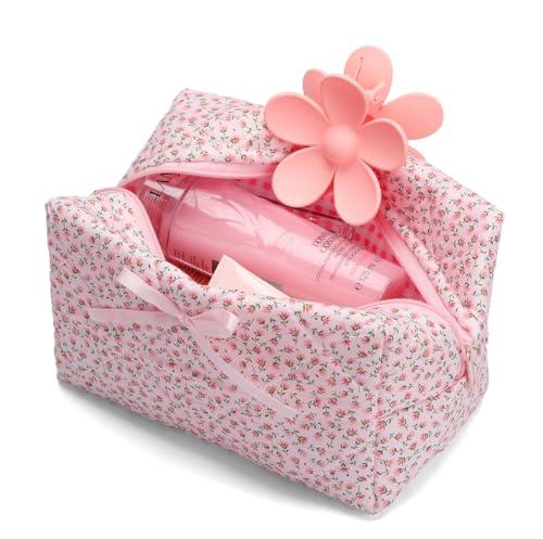 Saikaspotts Quilted Makeup Bag Floral Cosmetic Bag Cute Handmade Aesthetic Pink Toiletry Bag Flower Coquette Accessories Cotton Pouch for WomenPink Medium