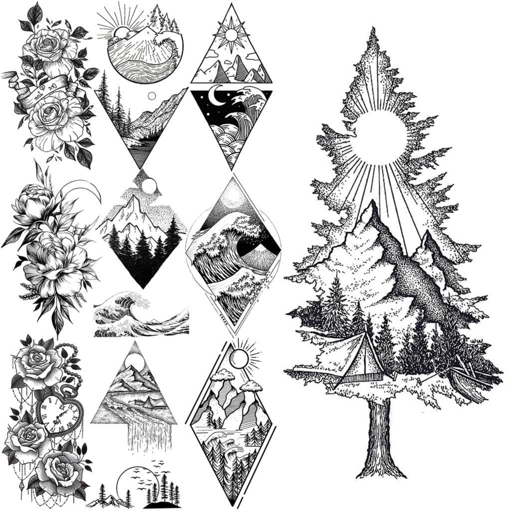 Generic Pencil Sketch Pine Tree Small Temporary Tattoos For Men Women Dahlia Waves Mountains Rivers Tattoo Sticker Arm Waist Tatoos