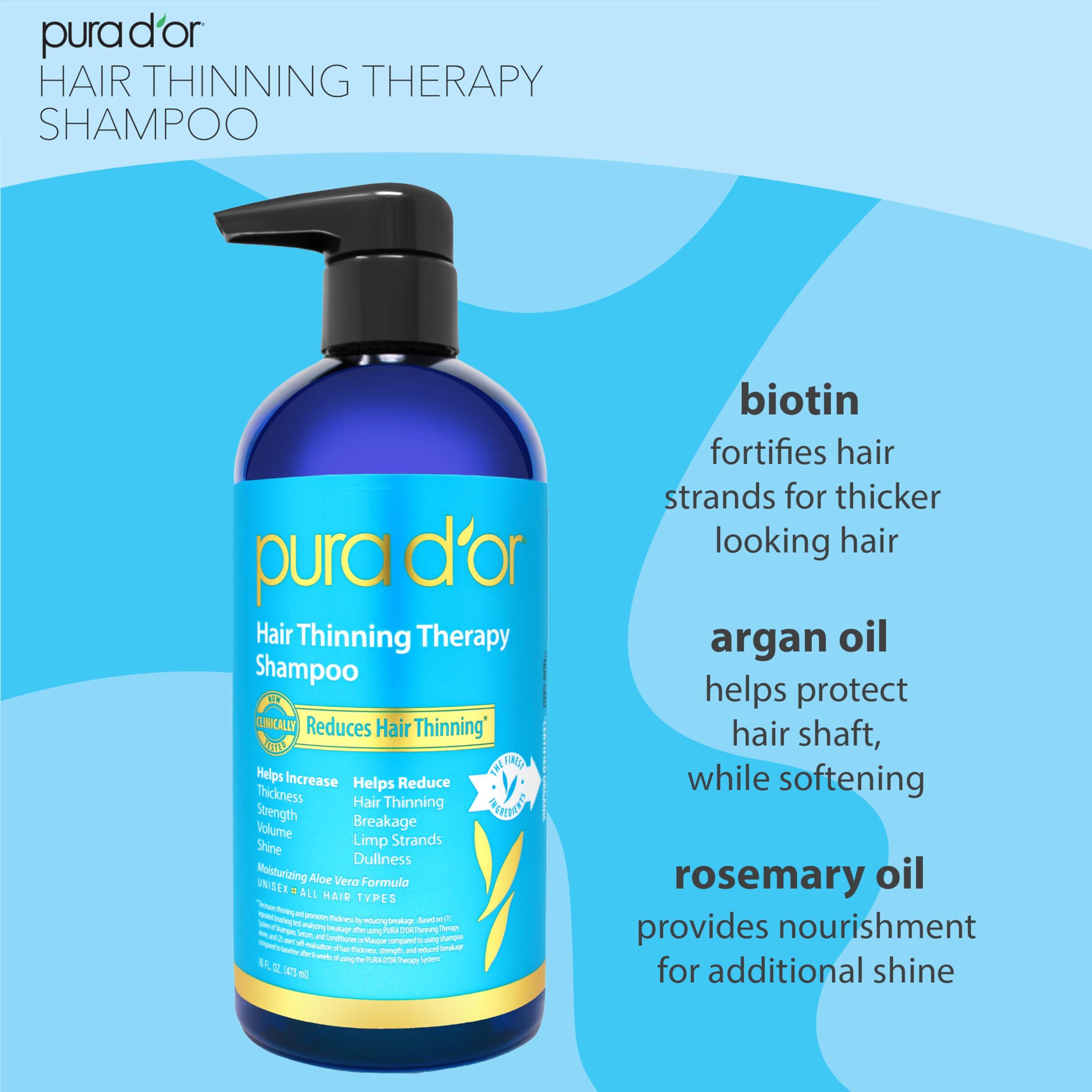 PURA D'OR PURA D\'OR 16 Oz Hair Thinning Therapy Biotin Shampoo - ORIGINAL Scent - CLINICALLY TESTED Effective Results, Herbal DHT Blocker Hair Thickening Products For Women & Men, Color Safe Routine Shampoo