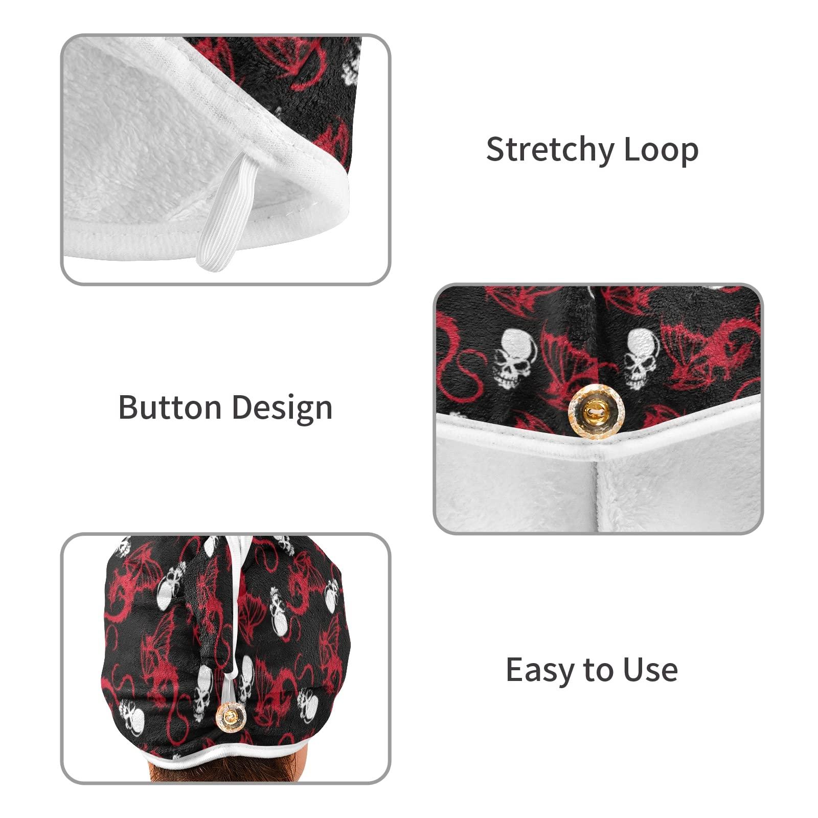 Poeticcity Seamless White Skull and Red Wing Flying Dragon on Dark Black 2 Packs Hair Towel Wrap, Absorbent Turban Bath Hair Towel Hat, Quick Drying Hair Towel with Button for Curly, Long, Thick Hair