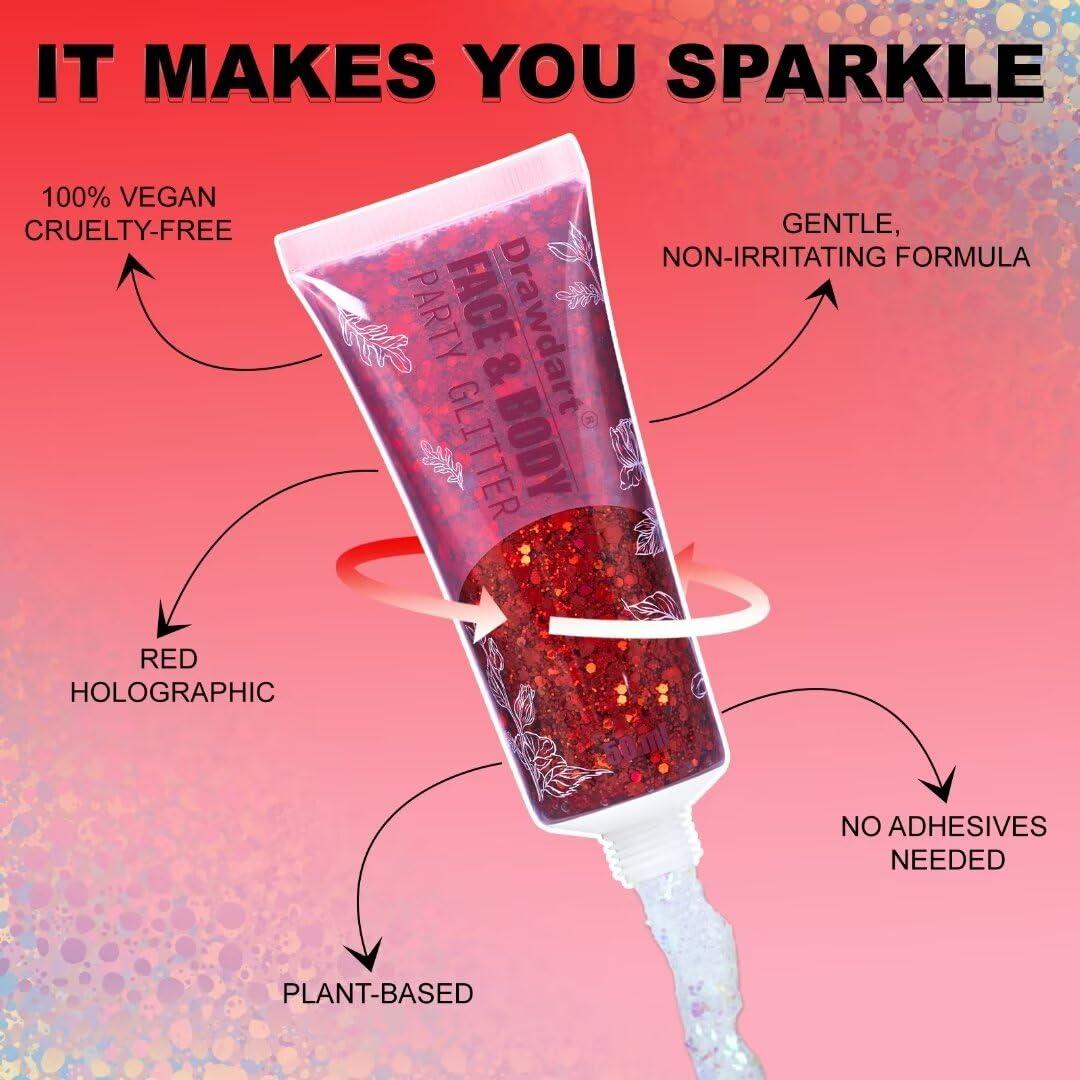 Drawdart Drawdart Face & Body Glitter - Cosmetic - Grade Red Holographic Glitter Gel,Face Body Hair Chunky Festival Rave Accessories Makeup 50ml,Glitter Sequin for Women Kids