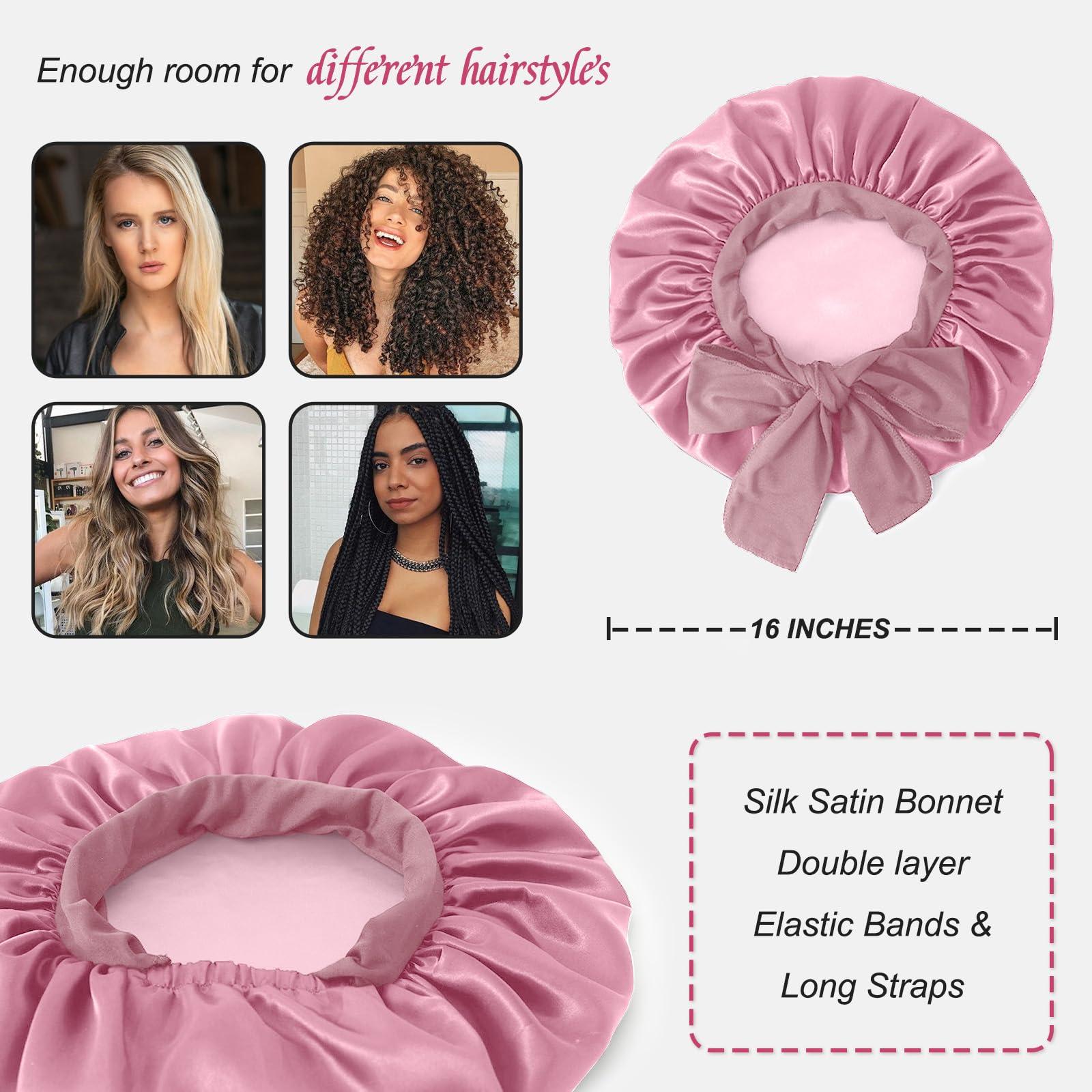 Srevela Satin Silk Bonnet Hair Bonnet for Sleeping Jumbo Sleep Cap, Bonnet for Women Curly Hair, Double Layer Bonnet with Tie Band, Shower Cap