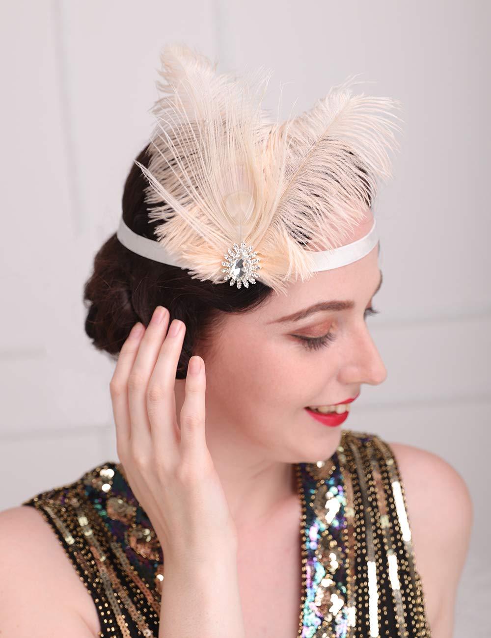 Aimimier Aimimier 1920s Flapper Peacock Feather Headband Pink with Elastic Band Costume Themed Party Feather Headpiece Hair Jewelry for Women and Girls