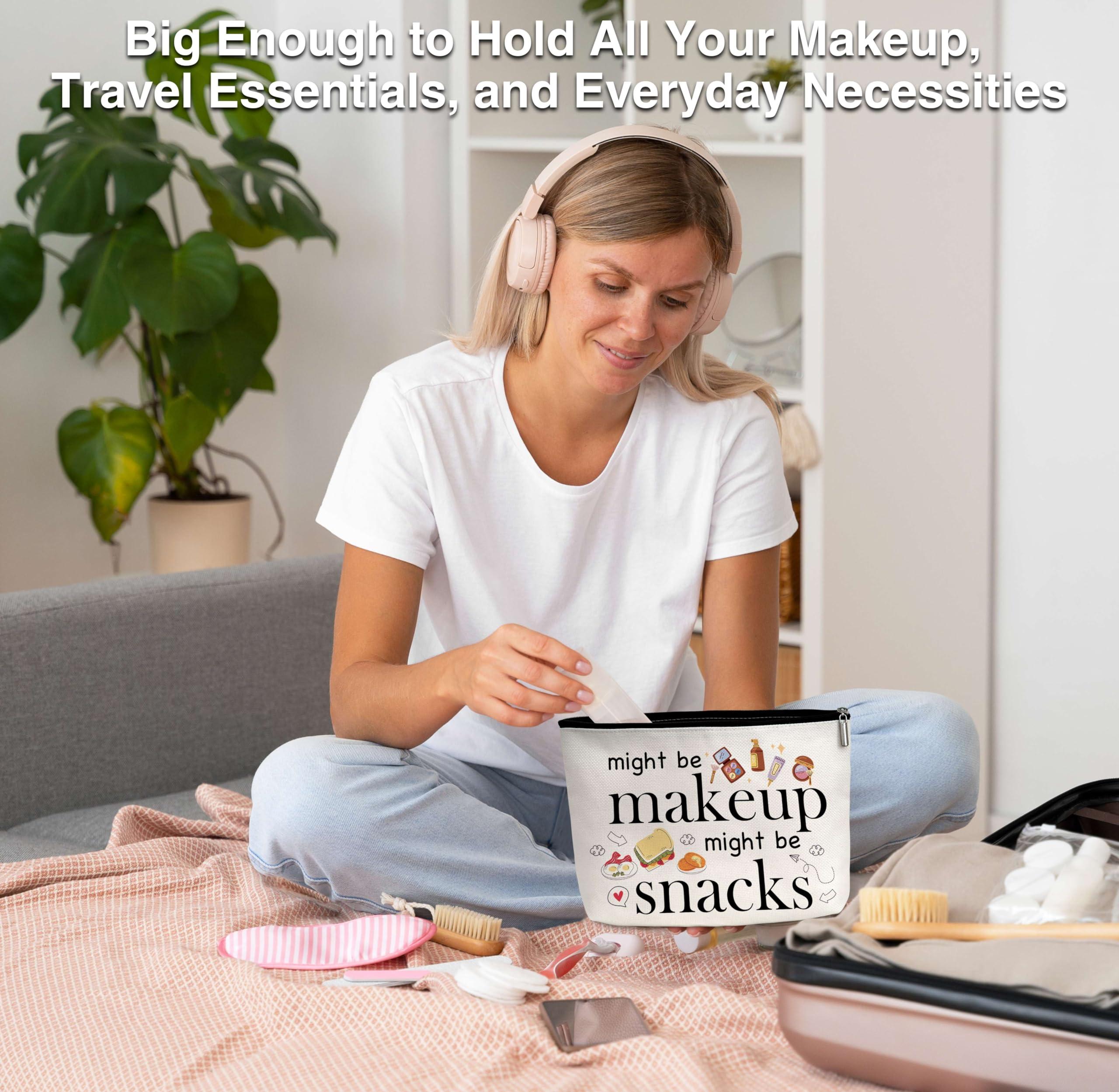 Beshoul Funny Makeup Bag, Birthday Gifts for Teens Friends, Might Be Makeup Might Be Snacks Cosmetic Bags for Women, Snack Bag for Travel -A17