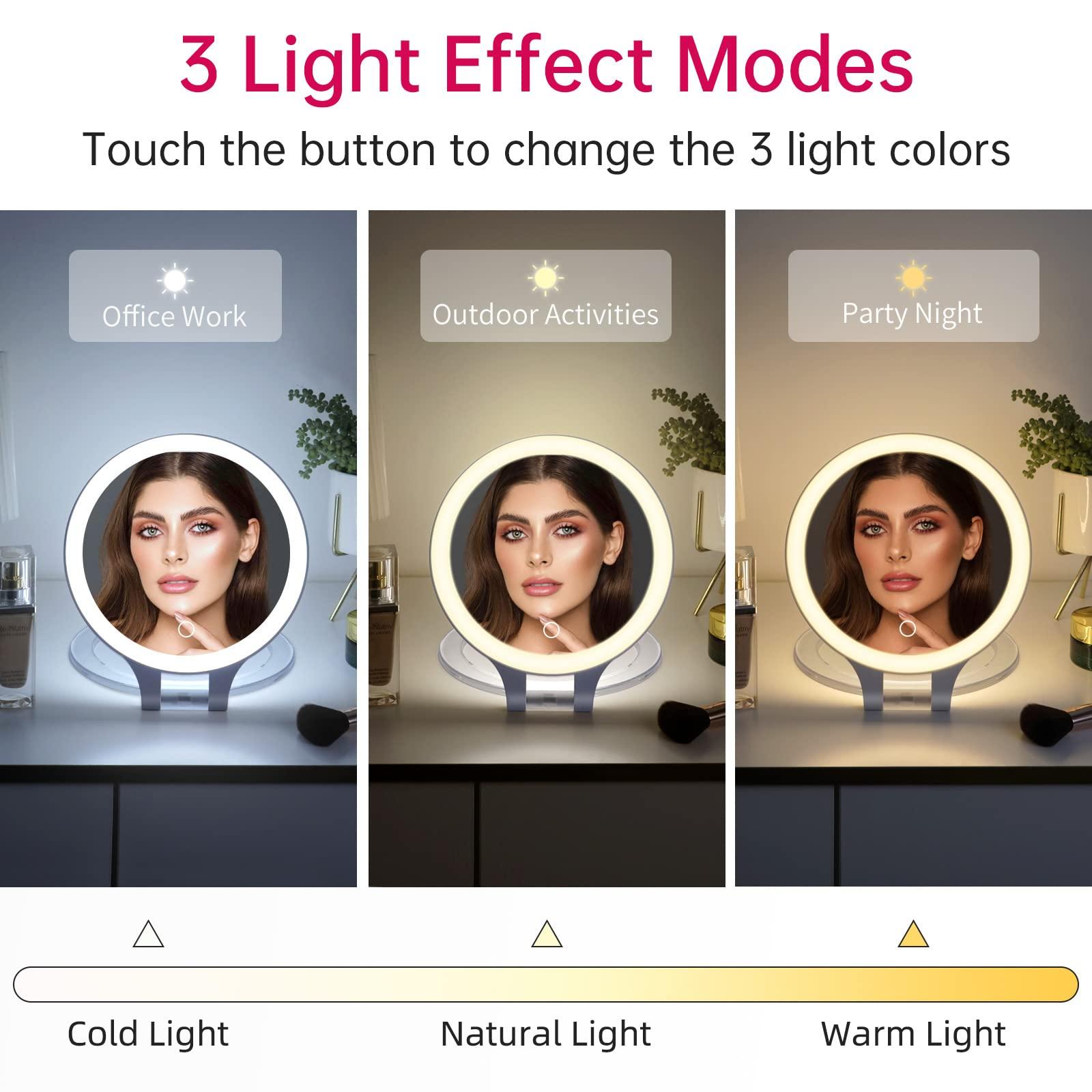 Famihomii Magnifying Travel Magnifying Mirror with Light, Makeup Mirror with 3 Color Lights and Magnification, Lighted Rechargeable Portable Cosmetic Foldable Mirror, Dimmable Adjustable Rotation with Bag