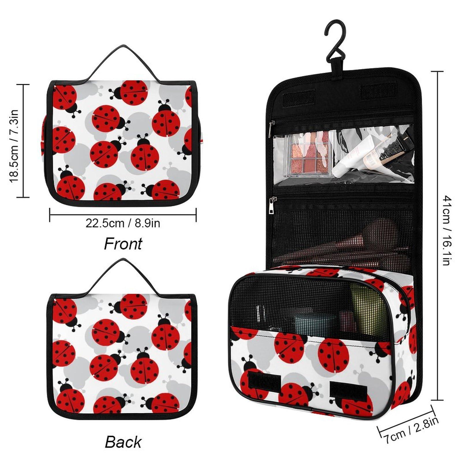 Meaudiwes Travel Hanging Toiletry Bag, Makeup Bag, Organizer Extra Large Toiletries Bag, Multifunction Cosmetic Bag For Women Men Compatible with Red Black Dots Ladybugs Pattern