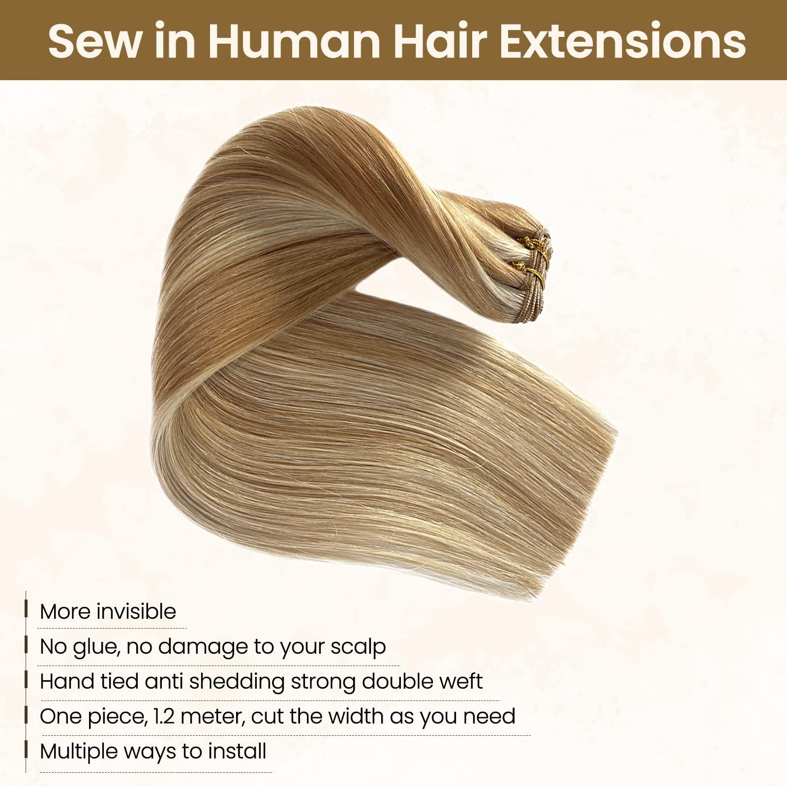 Benafee Hand Tied Weft Hair Extensions Human Hair Bundles Caramel Blonde to Bleach Blonde Sew in Hair Bundles Invisible Beaded Weft Extensions Human Hair Extensions Sew in Human Hair Weave Bundles 12” Thick