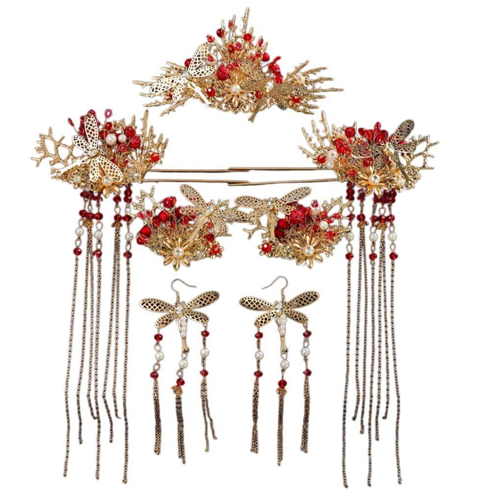 Getrelax Getrelax Chinese Wedding Bride Hair Accessory Chinese Crown Wedding Hair Accessories Red Flower Floral Beaded Flapper Headband Jeweled Bridal Wedding Tiara