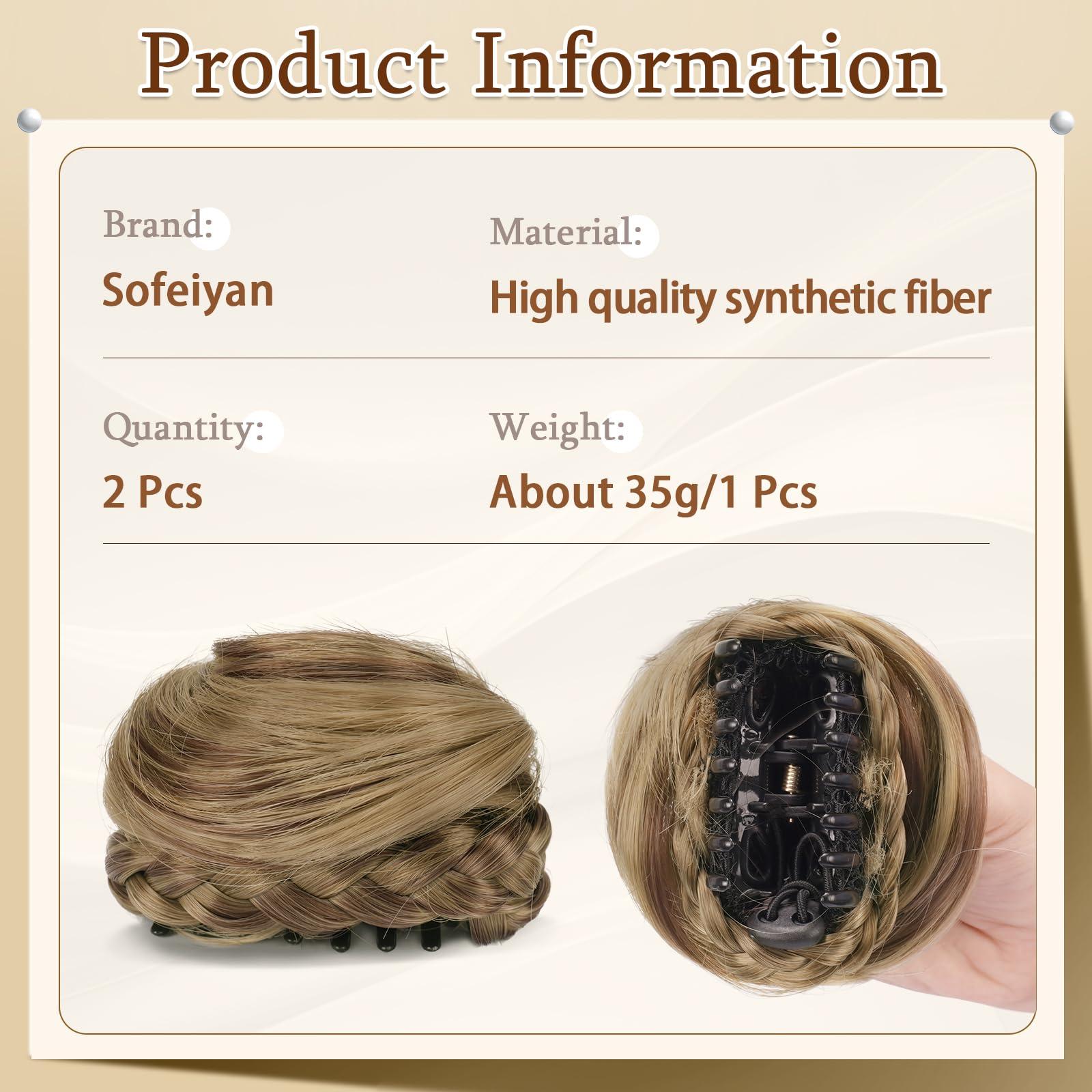 SOFEIYAN SOFEIYAN 2PCS Mini Claw Clip in Hair Bun Braid Messy Cat Ears Hair Bun Extension Synthetic Donut Wig Accessory Updo Space Bun Braid Hair Pieces for Women Girls, Brown & Blonde