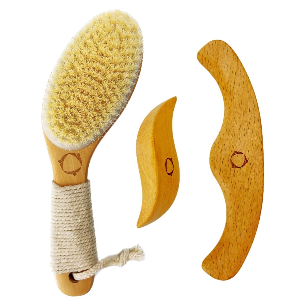 Reccsy Dry Brushing Body Brush for Lymphatic Drainage-Vegan Dry Brush with Contoured Non-Slip Handle +Wood Therapy Massage Tools. Maderoterapia Kit, Gua Sha, Anti-Cellulite, Body Sculpting, Sensitive Skin
