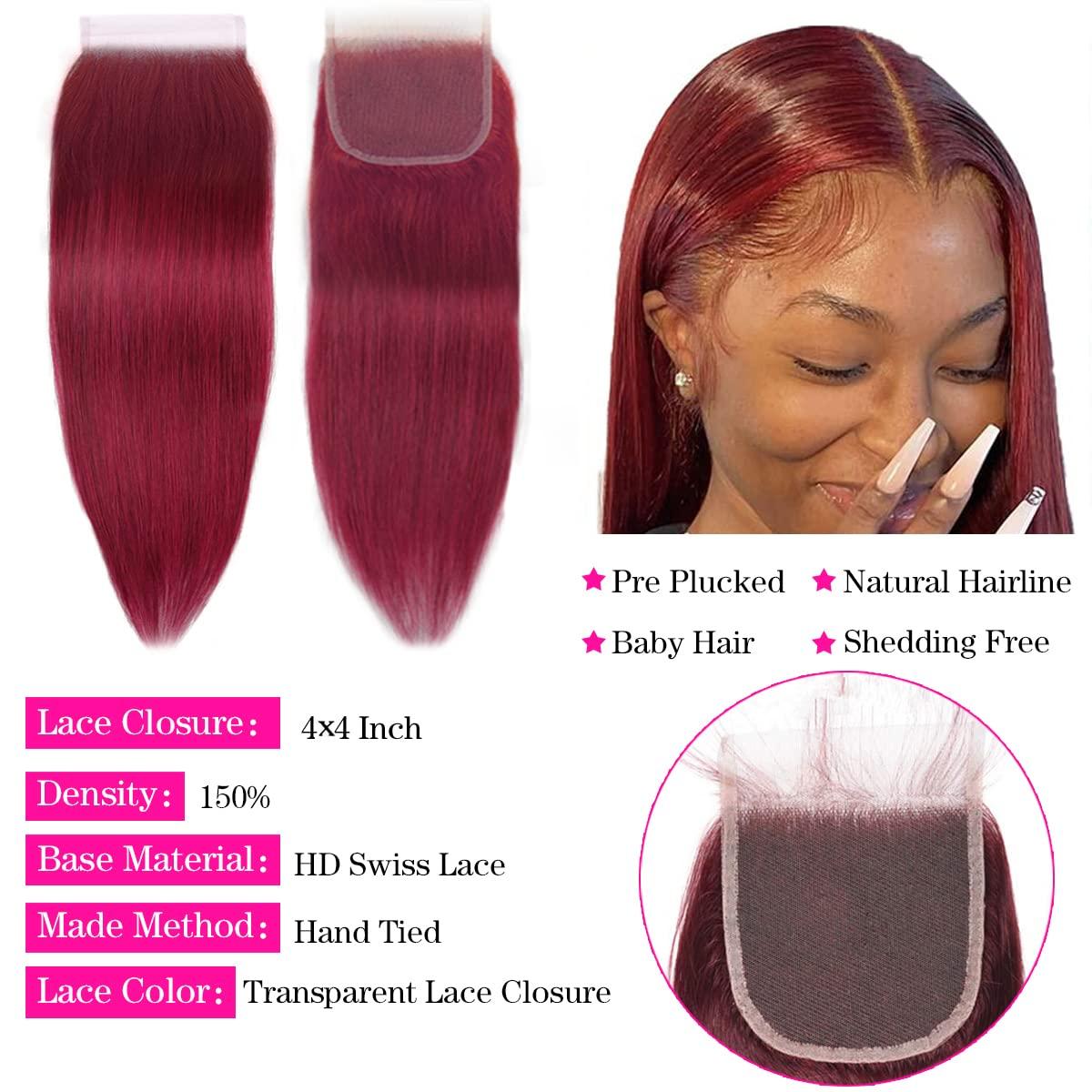 haha Haha 99J Burgundy Bundles With Closure Human Hair Straight Wine Red Human Hair Bundles With 4x4 Lace Closure Pre Plucked Free Part 10A Brazilian Raw Remy Virgin Hair Extensions 16 18 20+14