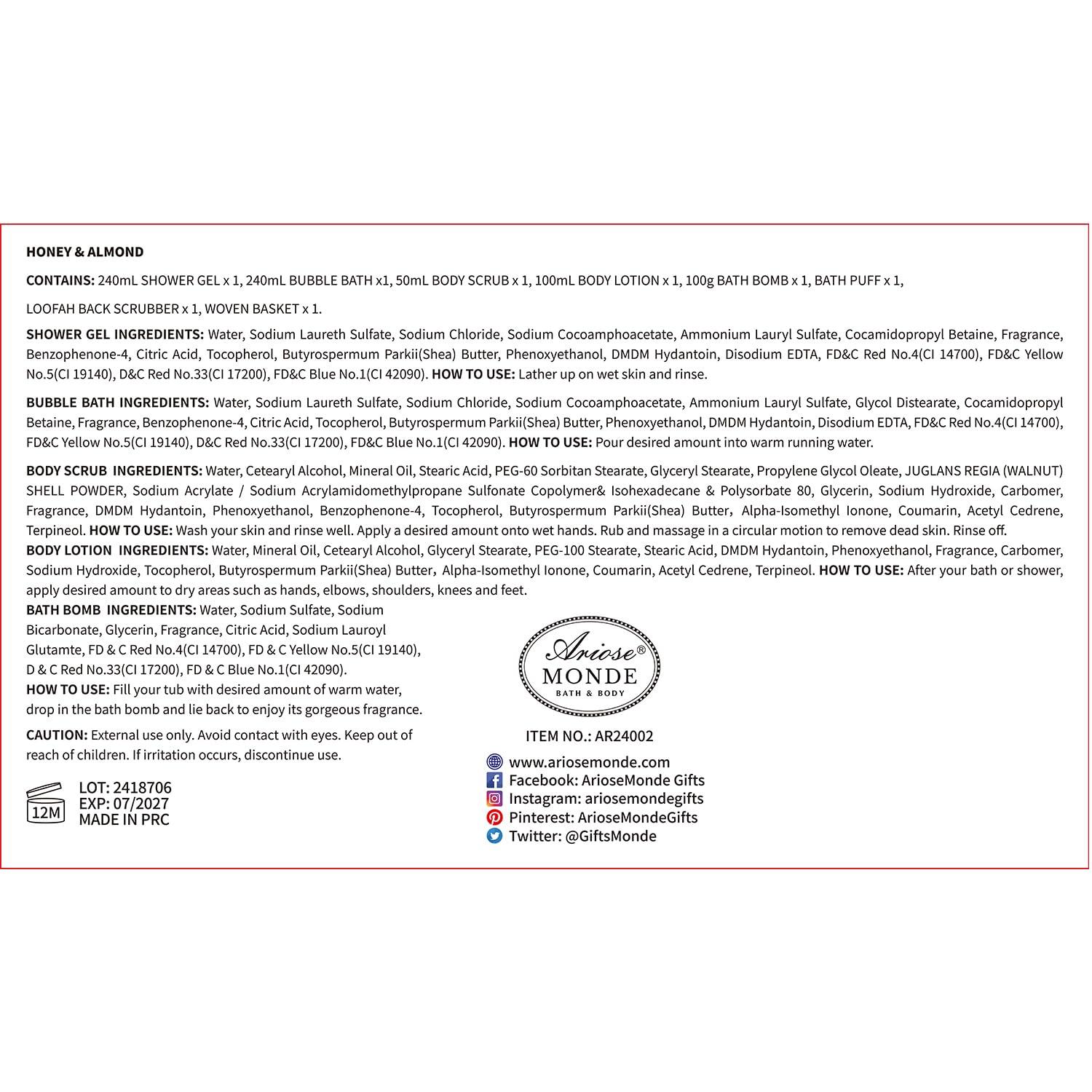 ArioseMonde Gift Baskets for Women, Spa Gifts for Women, 8pcs Honey Almond Bath Gift Set for Women, Relaxation Self Care Spa Kit W/Bath Bomb, Bubble Bath, Mom Birthday Gifts, Christmas Gifts Thank You Gifts