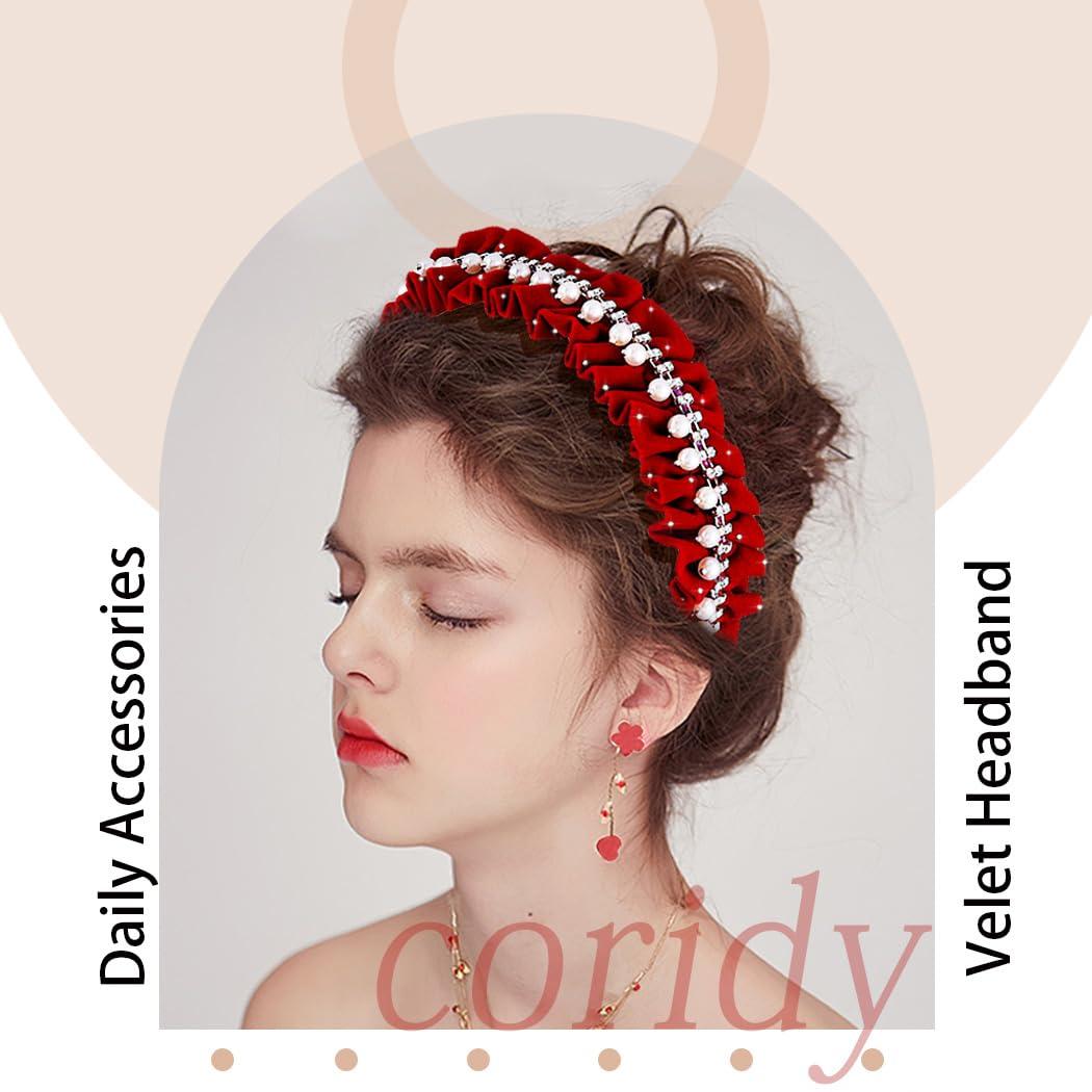 Coridy Coridy Red Headbands Pearl Headband Rhinestone Head Band wrinkle hairband Glittering Jewelry velvet Hair Hoop For Women (Red)