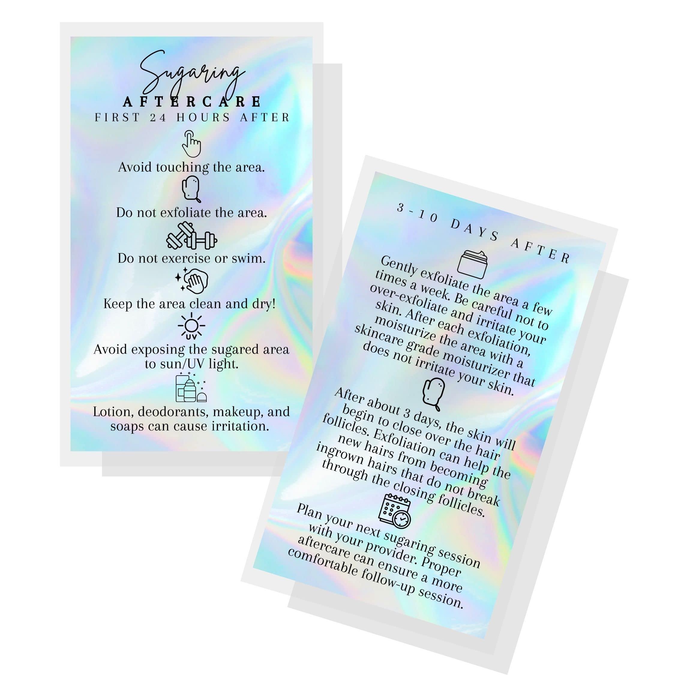 Lashicorn Sugaring Hair Removal Aftercare Cards | 50 Pack | Size 2x3.5 inches Business Card Size | Waxing Aftercare Kit Cards | Client Hand Out Wax Post Sugar FAQs Aftercare Faux Holographic Rainbow design