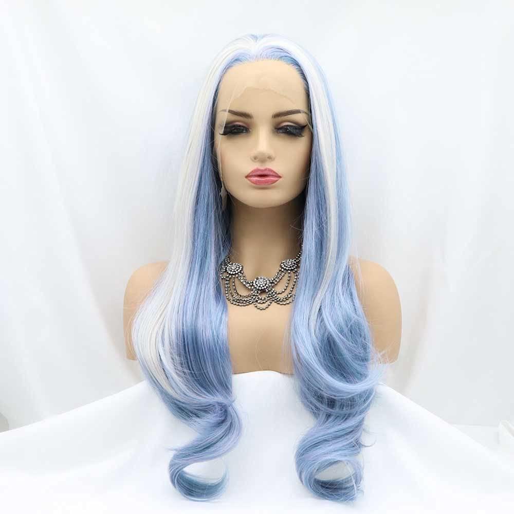 melody wig Melody Wig Blonde/Blue Mixed Wig Money Piece Synthetic Lace Front Wigs For Women Hair Kanekalon Hair Natural Wavy Heat Resistant Fiber Long Wavy Wigs