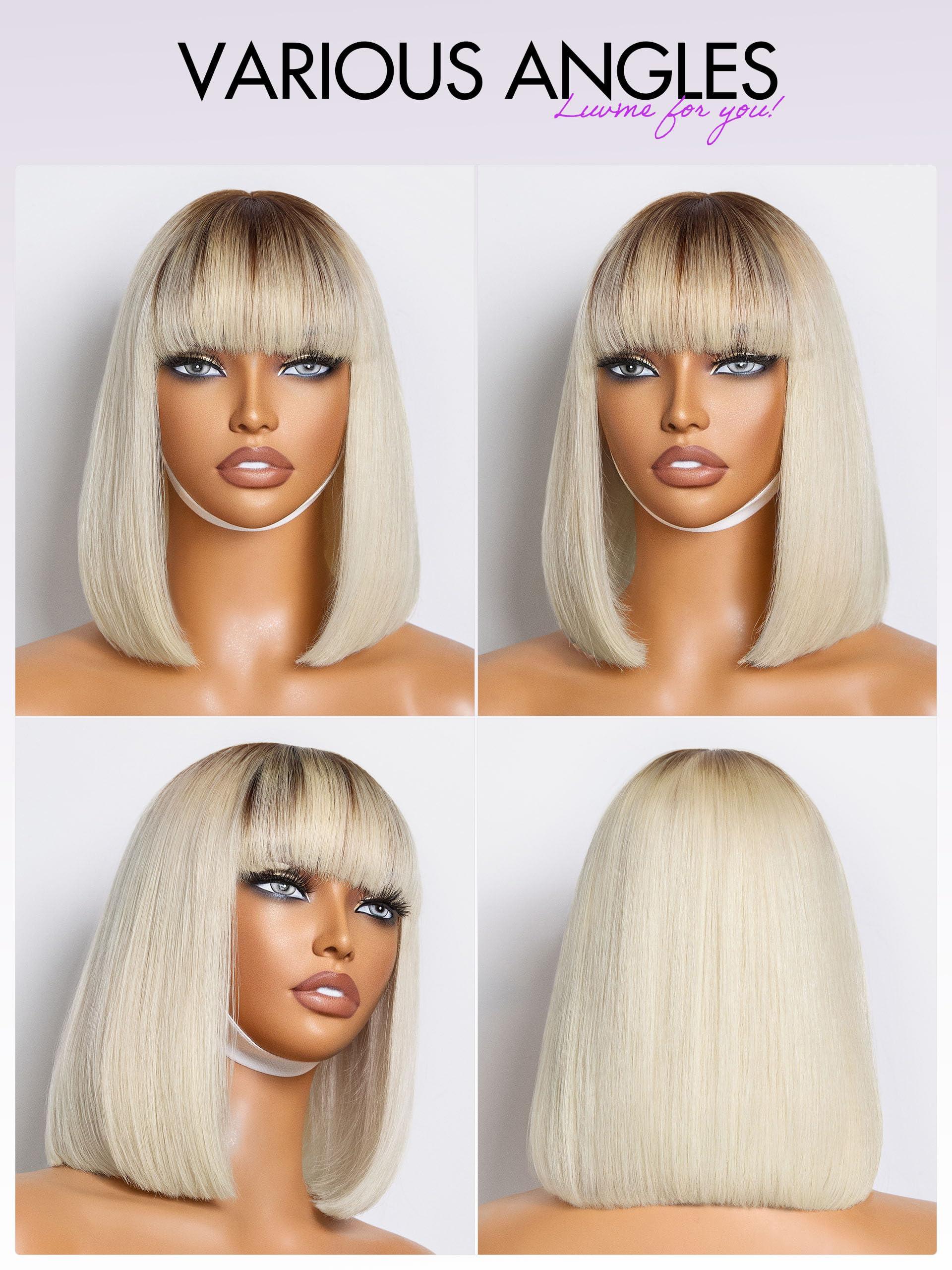 LUVME HAIR LUVME HAIR Ombre Blonde Bob Wig with Bangs Human Hair, Silky Straight Platinum Blonde Human Hair Short Wigs with Dark Roots, Ready to Go Lace Bang Bob Wig 10 Inch