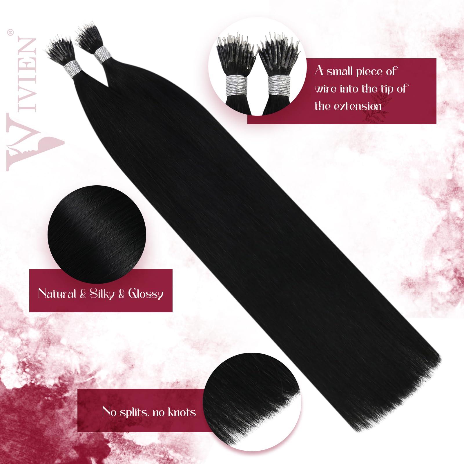 Vivien Vivien 24 Inch Nano Bead Hair Extensions Real Human Hair Jet Black Nano Extensions Human Hair Black Invisible Long Human Hair 50G/50S
