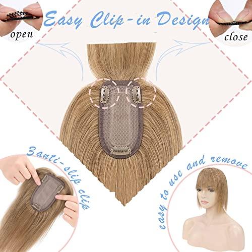Benehair Benehair Clip in Hair Topper with Bangs Secret Topper Wiglet 100% Human Hair Clip in Top Hairpieces Fringe Bang Replacement Wiglet for Womem with Thinning Hair #27 Dark Blonde 10inch 33g