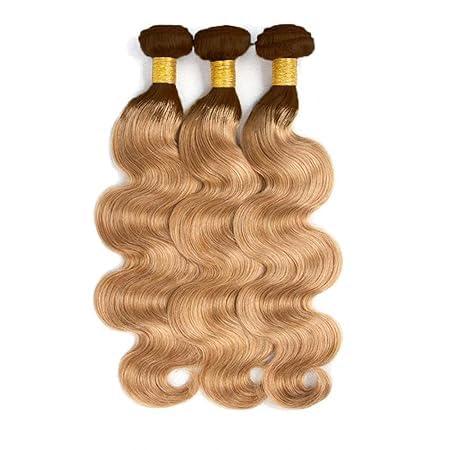 GveoXvo T4/27 Human Hair Bundles - Blonde Body Wave, Peruvian Grade 8A Virgin Hair, Mixed Length 20-24 Inch, 2 Tone Brown & Honey Blonde, 300g