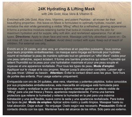 GLO24K UNLEASH THE POWER OF GOLD GLO24K Hydrating and Lifting Mask with 24k Gold, Aloe Vera, Peptides, and Vitamins. For Hydration Boost and Lifting Effect that Generates a Glowing, Radiant Complexion and Silky-Smooth Skin.