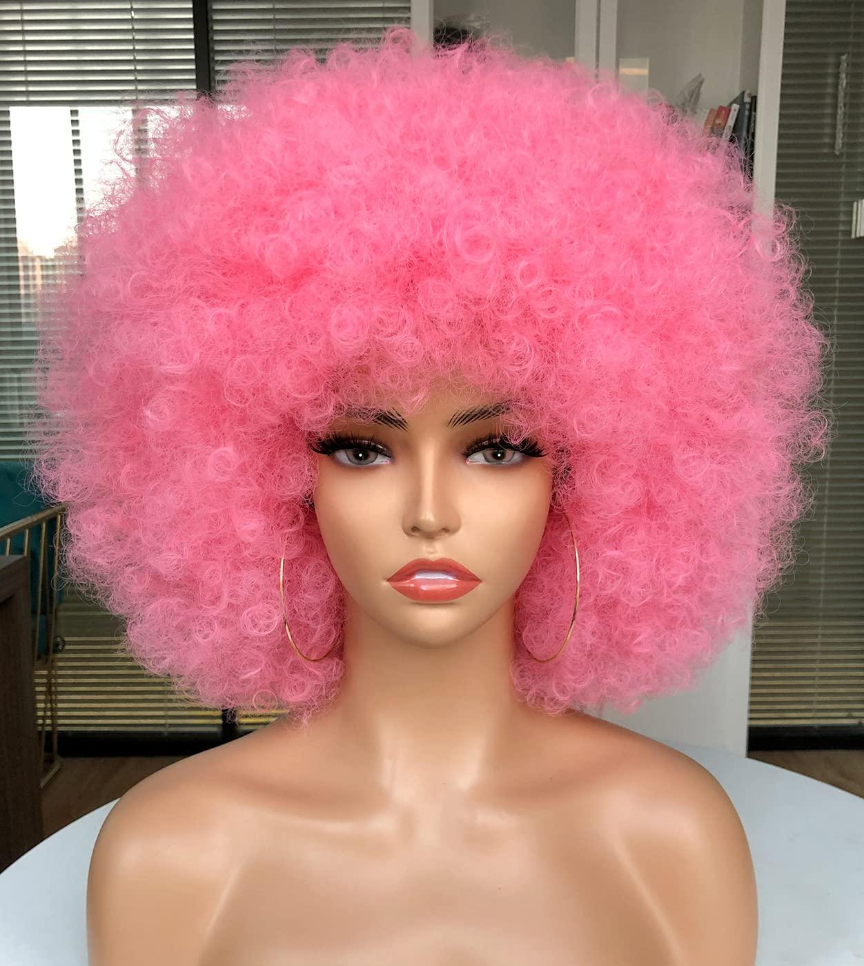 CURLCRAZY CURLCRAZY 70s Afro Wig with Bangs Short Afro Kinky Curly Wig for Black Women Large Bouncy and Soft Natural Looking Halloween Party Christmas Cosplay Wigs (Pink)