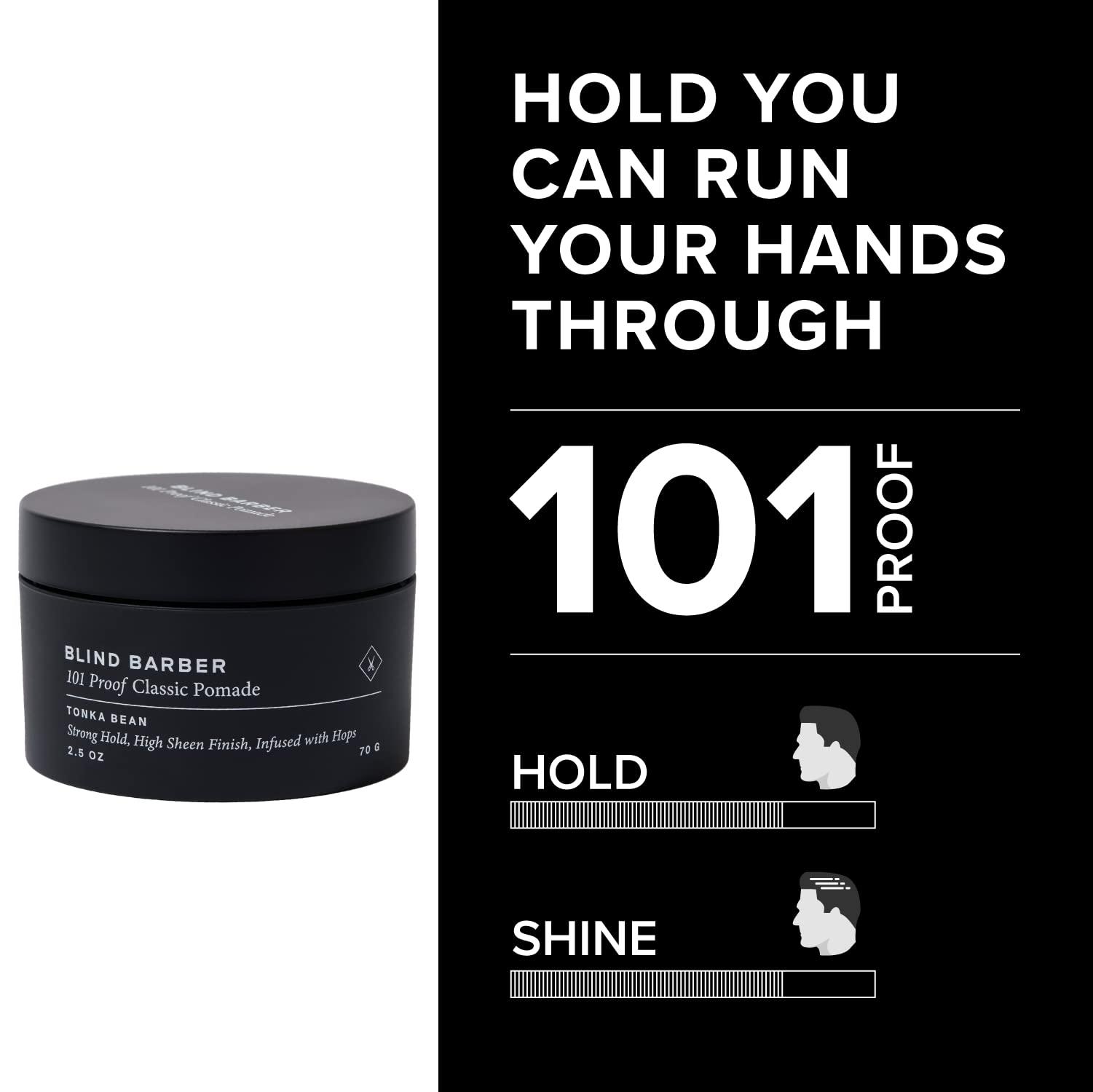 Blind Barber Blind Barber 101 Proof Classic Hair Pomade for Men - Malleable Water Based Pomade, Strong Hold & High Shine - Easy to Use Mens Hair Product for Everyday Styling - (2.5 Oz)