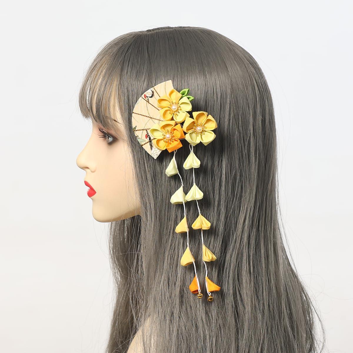 CAMDOM 2Pcs Womens Japanese Kimono Flower Hair Clips Tassel Hair Hairpins Traditional Kanzashi Hair Accessories Set