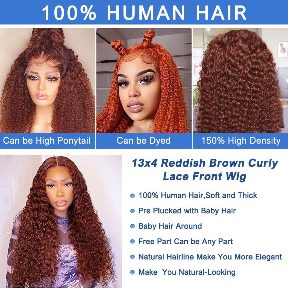 AHUFALU Reddish Brown Curly Lace Front Wigs Human Hair 13X4 Free Part Copper Deep Curly Wig Bleached Knots Auburn Brown Colored Water Wave Lace Front Wig Pre Plucked With Baby Hair 180% Density 28 inch