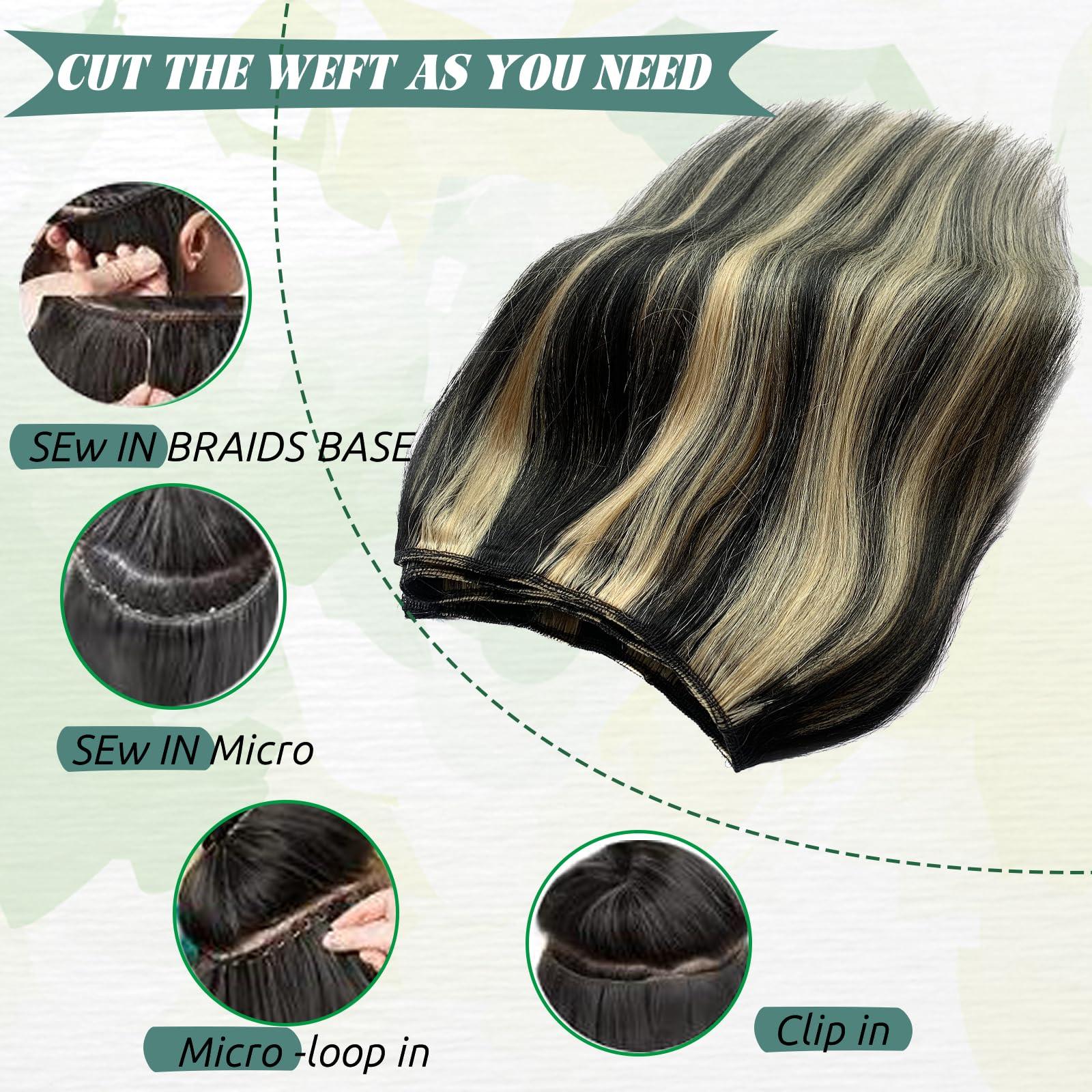 Smavida Weft Hair Extensions Human Hair, Balayage Natural Black to Blonde Sew in Remy Hair Extensions Human Hair for Women Sew in Extensions Human Hair Straight Bundles Double Weft Silky Soft Hair 120G