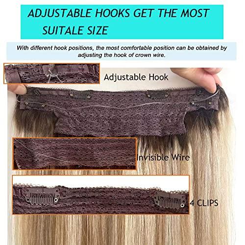SUNFA Halos Hair Extensions, Fish Line Hair Extensions, Wire Extensions Human Hair,14Inch 70g Ombre Balayage Ash Brown to Dirty Blonde and and Platinum Blonde Highlights Straight Hairpiece Flip in Hair Extensions Clip in Extensions with Invisible Fish Line