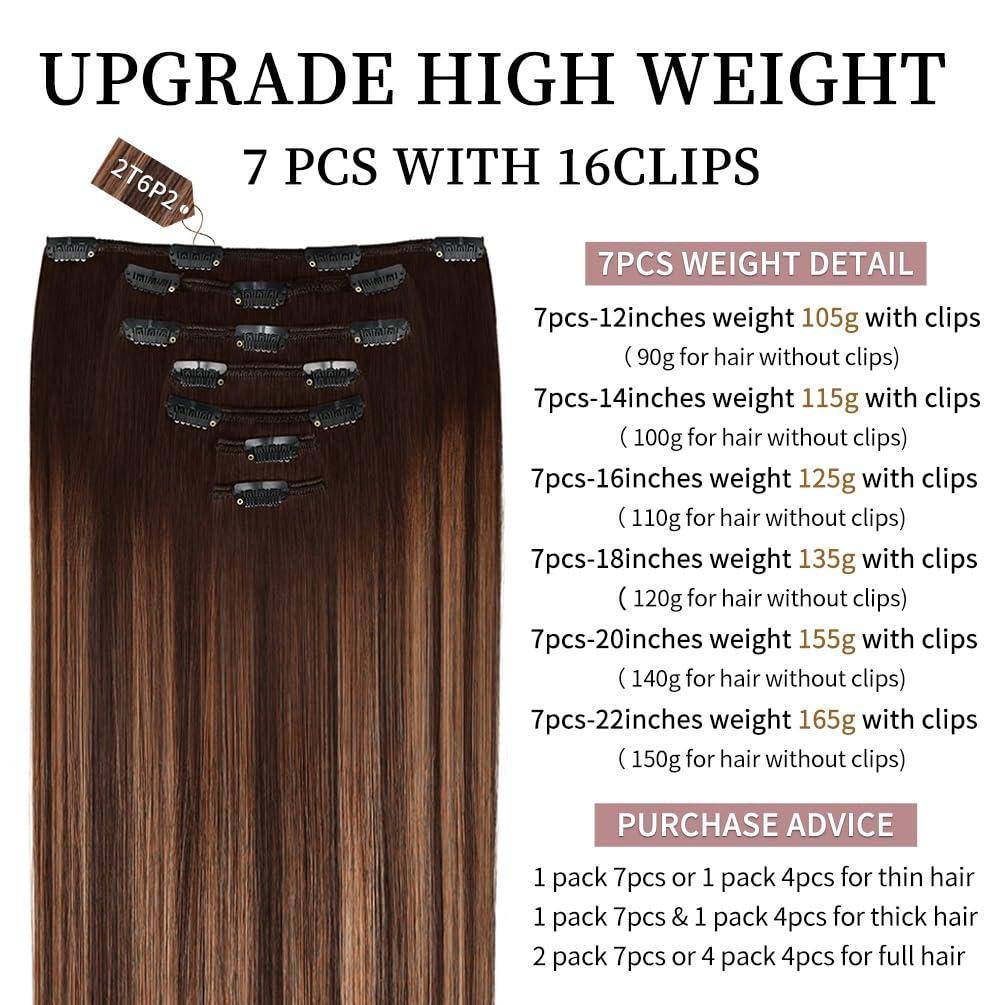 Winsky 12 Inch Clip-in Hair Extensions Remy Human Hair for Women - Soft Handmade Real Human Hair Clip in Extensions, Straight, Thick, 105g 7pcs #2T(6P2) Color