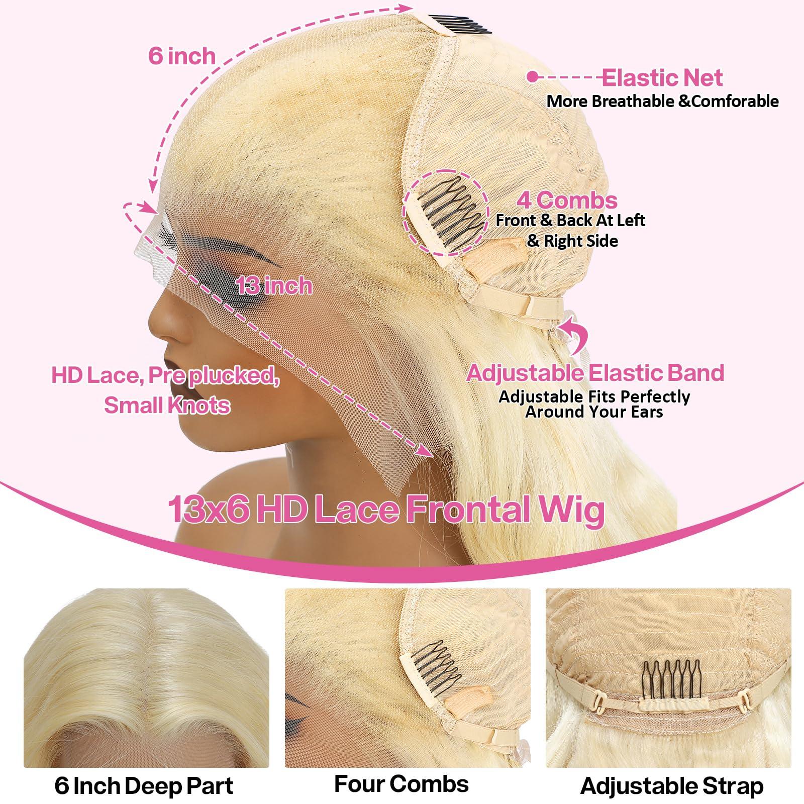 Pangm 613 13x6 Lace Front Wig Human Hair 200 Density HD Body Wave Blonde Lace Front Wigs Human Hair Pre Plucked Lace Frontal Wig 13x6 Blonde Wig Human Hair (613 13x6 lace front wig human hair, 36 Inch)