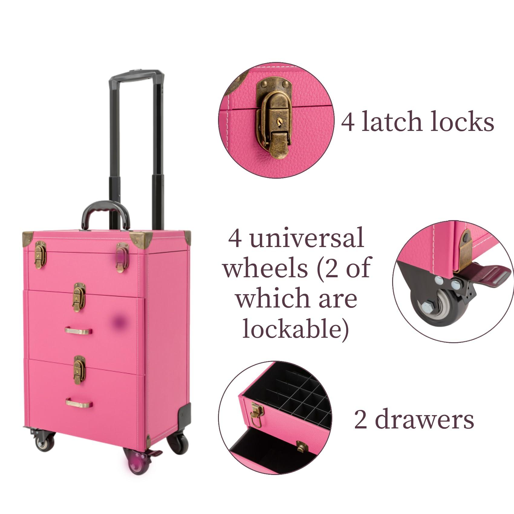 LEYSRIS LEYSRIS Lockable Rolling Makeup Case Cosmetic Case with Universal Wheels, 3-Tier Pink Trolley Makeup Train Case 88.2 lbs Professional Makeup Case for Nail Tech Hairstylist Barber