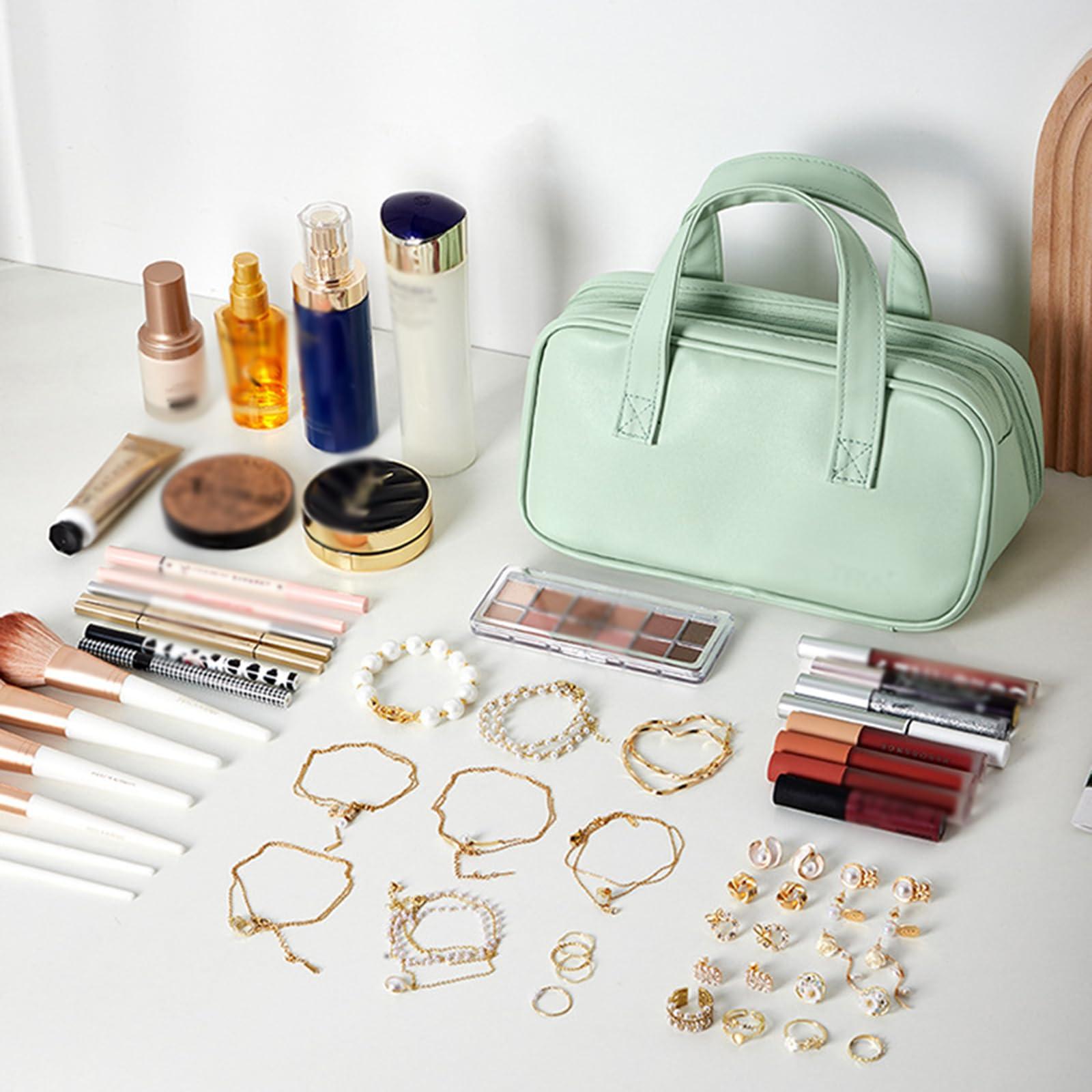 HACLEN Leather Cosmetic Bag, Makeup Bags for Women, Vanity Bag Travel Large Toiletry Bag Make Up Bag with Handle and Divider,Blue