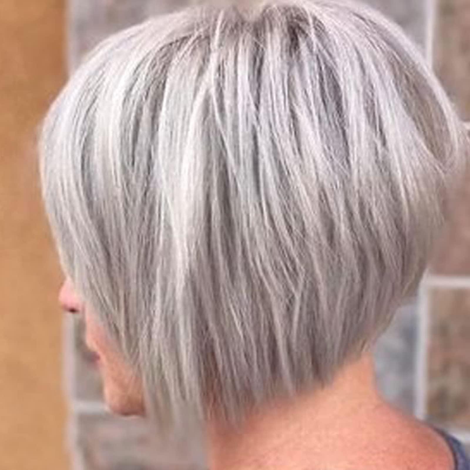 RENERSHOW RENERSHOW Layered Bob Short Gray Wigs for Women Mixed Gray Cute Straight Pixie Bob Wig Synthetic Haircuts Grey Side Part Inverted Bob Wig Natural