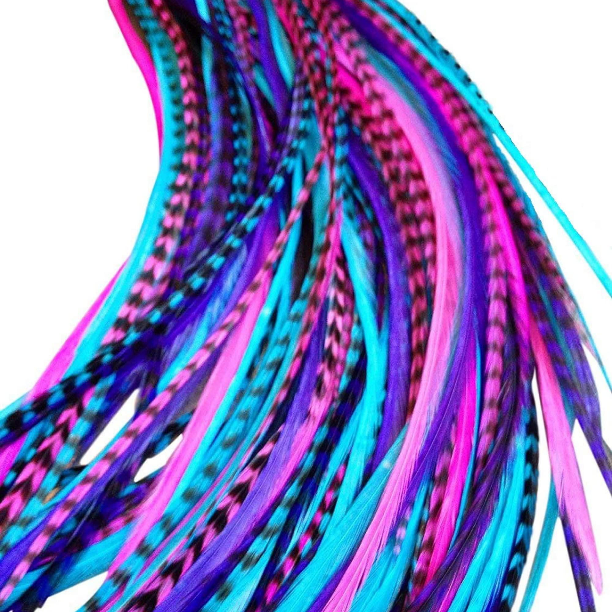 Feather Lily Hair Feathers and Tool Kit, Pink, Purple, Blue and Black & White Striped Feather Extensions with Beads, loop tool and pliers