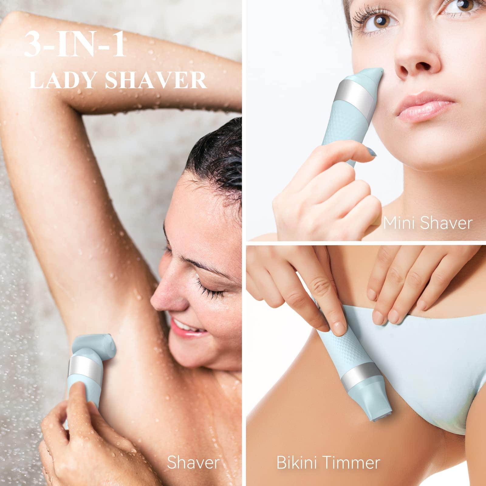unibono unibono 3-in-1 Electric Razor for Women,Dual-Foil Electric Shaver for Woman Face,Legs,Armpit,Rechargeable Bikini Trimmer,3-,Intimate Shaver with Illumination,Public Hair Trimmer Women (Light Blue)