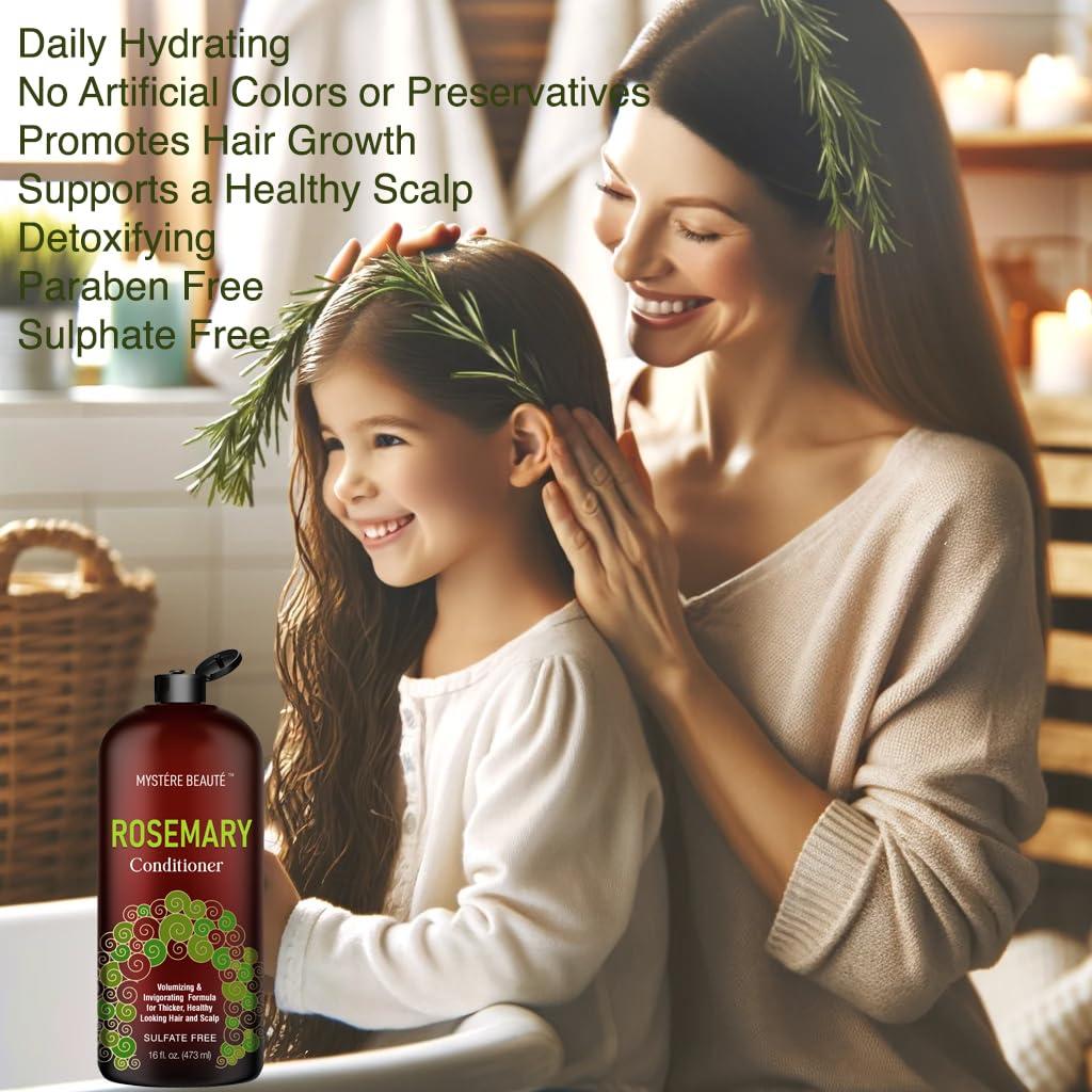 MYSTÉRE BEAUTÉ Rosemary Shampoo and Conditioner, Rosemary Oil Shampoo Promotes Hair Growth & Scalp Health, Rosemary Shampoo for Hair Growth Organic - Sulfate & Paraben Free, for Men Women - 16 fl oz each