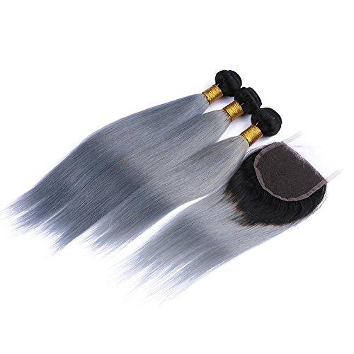 Ruma Hair Ruma Hair Dark Roots Silver Grey Ombre Virgin Hair Weave With Closure 4Pcs Lot Two Tone 1B Grey Ombre Human Hair 3 Bundles With 1Pc Straight 4x4 Lace Top Closure (20 with 22 24 26)