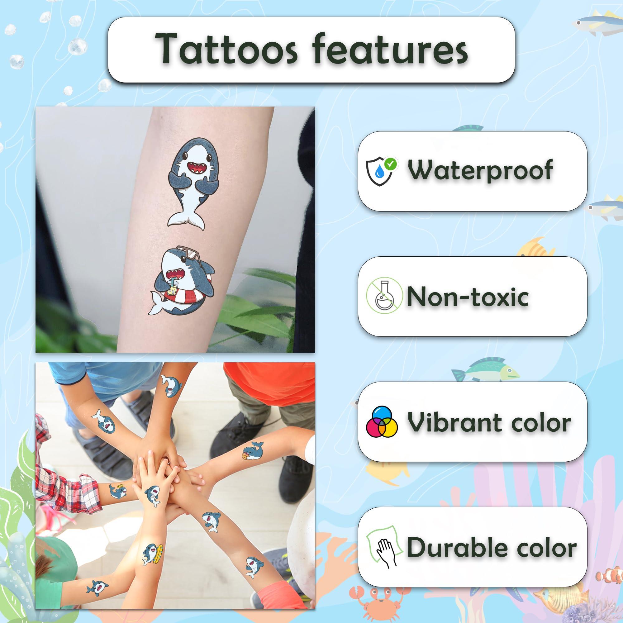 Janiegrass 77 PCS Cute Shark Temporary Tattoos for Party Supplies, Cute Sea Shark Tattoo Stickers for Birthday Parties, Shark Tattoos Party Favor, Waterproof Tattoos. (Blue (77PCS))