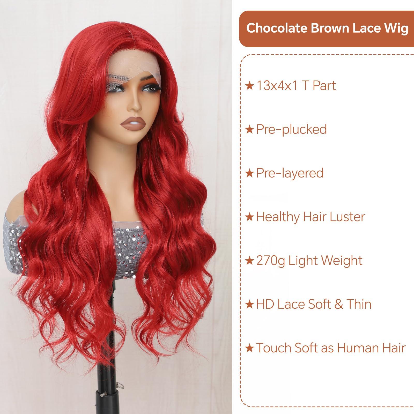 Drehande Drehande Red Lace Front Wig Synthetic Lace Front Wig Body Wave Heat Resistant Hair 13x4x1 T-part Lace 26 Inch Pre-plucked Glueless Lace Wigs for Women (Red, 26Inch)