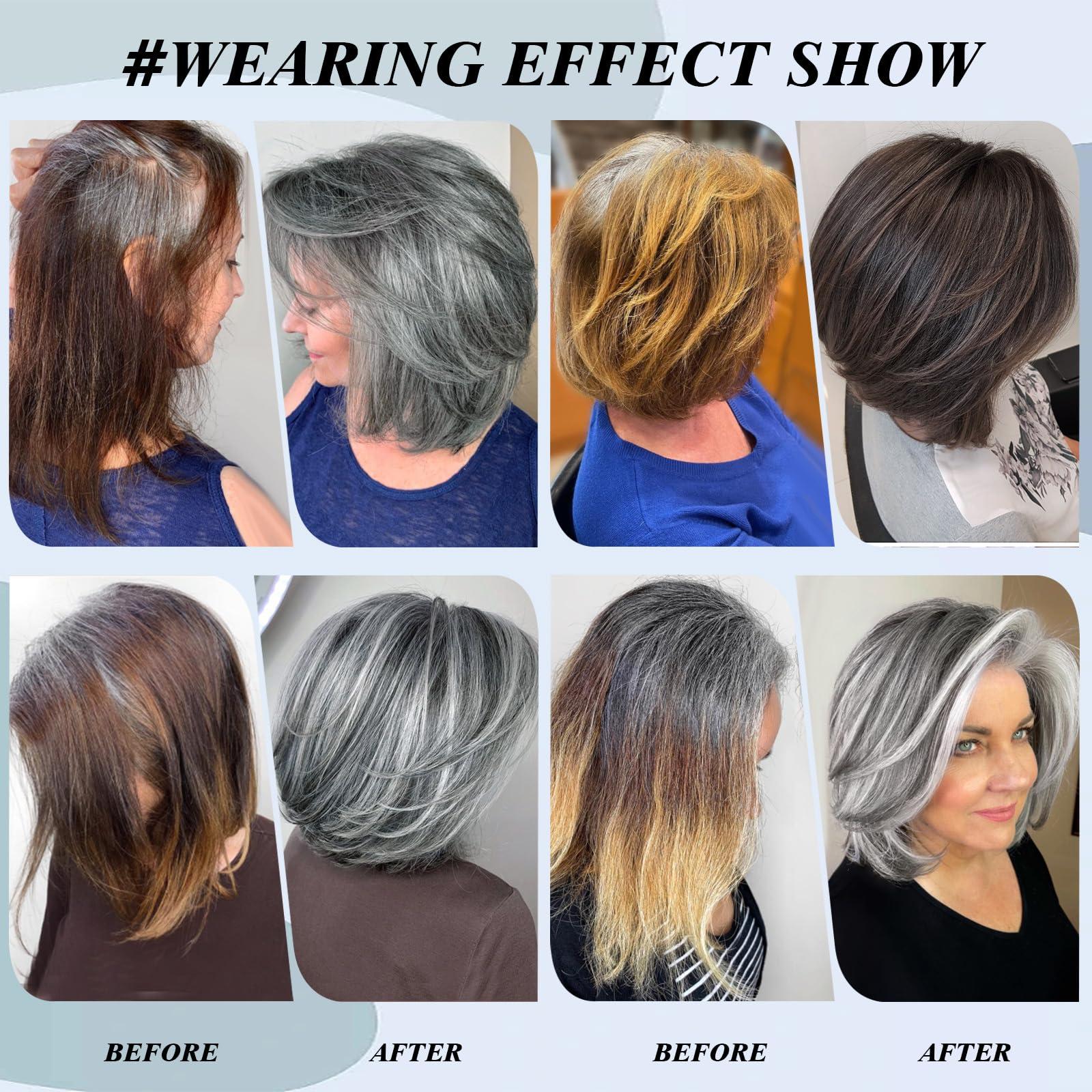 LEOSA LEOSA Short Grey Wig With Curtain Bangs BoB Layered Silver Grey Wigs for Women BOB Layered Wigs Pixie Cut Layered Wig Hair Synthetic Hair Wigs With Daily Use (Grey#)