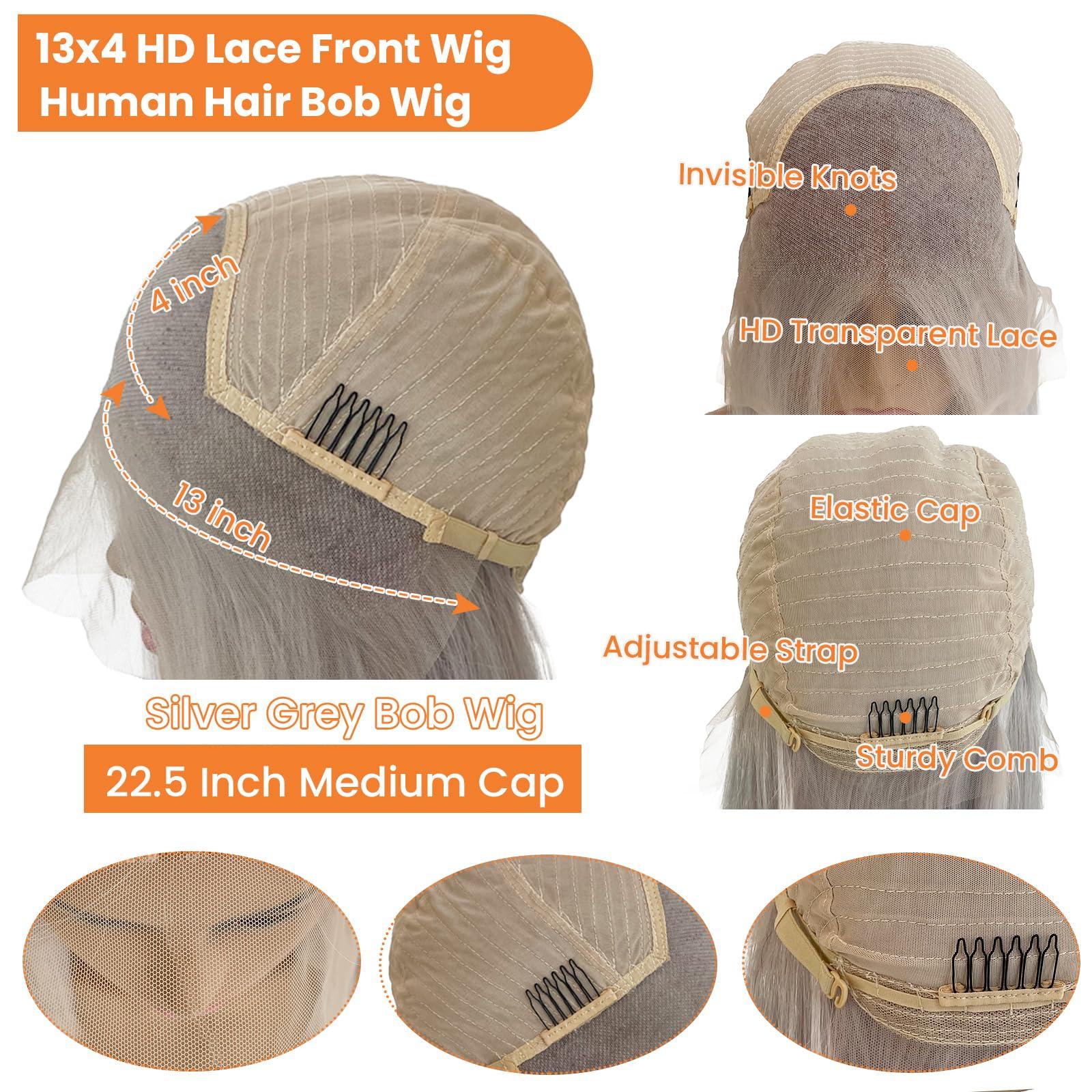 Licoville Grey Short Bob Wig Human Hair 8 Inch Glueless Real 13x4 Bob Lace Front Wigs Human Hair Full 180% Density Free Part Frontal Bob Wigs Human Hair Silver Gray Lace Front Human Hair Bob Wigs Free Part