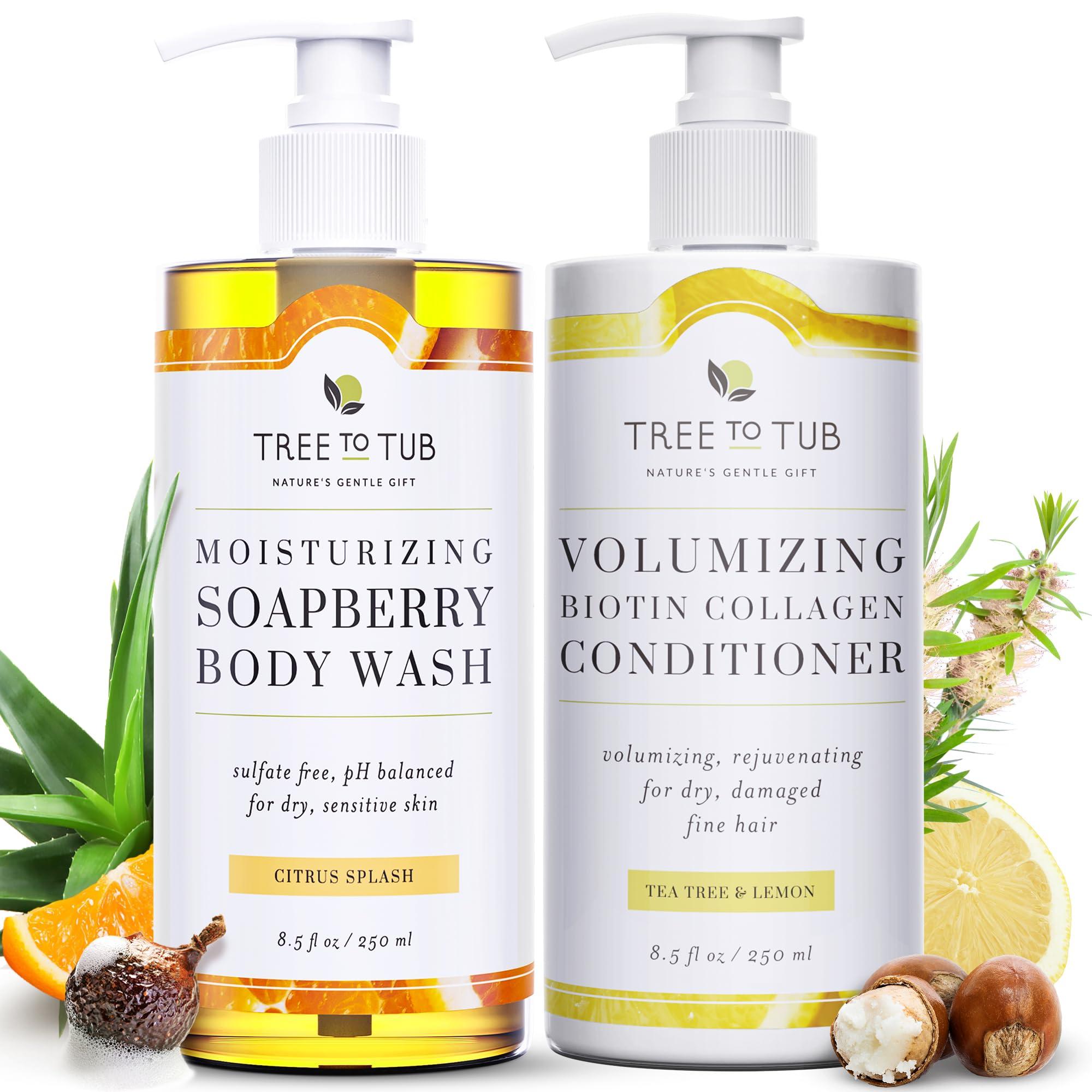 Tree to Tub Tree to Tub Citrus Body Wash for Dry Skin Sensitive Skin Vegan Biotin and Collagen Conditioner for Dry Damaged Hair pH Balanced Moisturizing Body Wash Volumizing Fine Hair Thickening Conditioner
