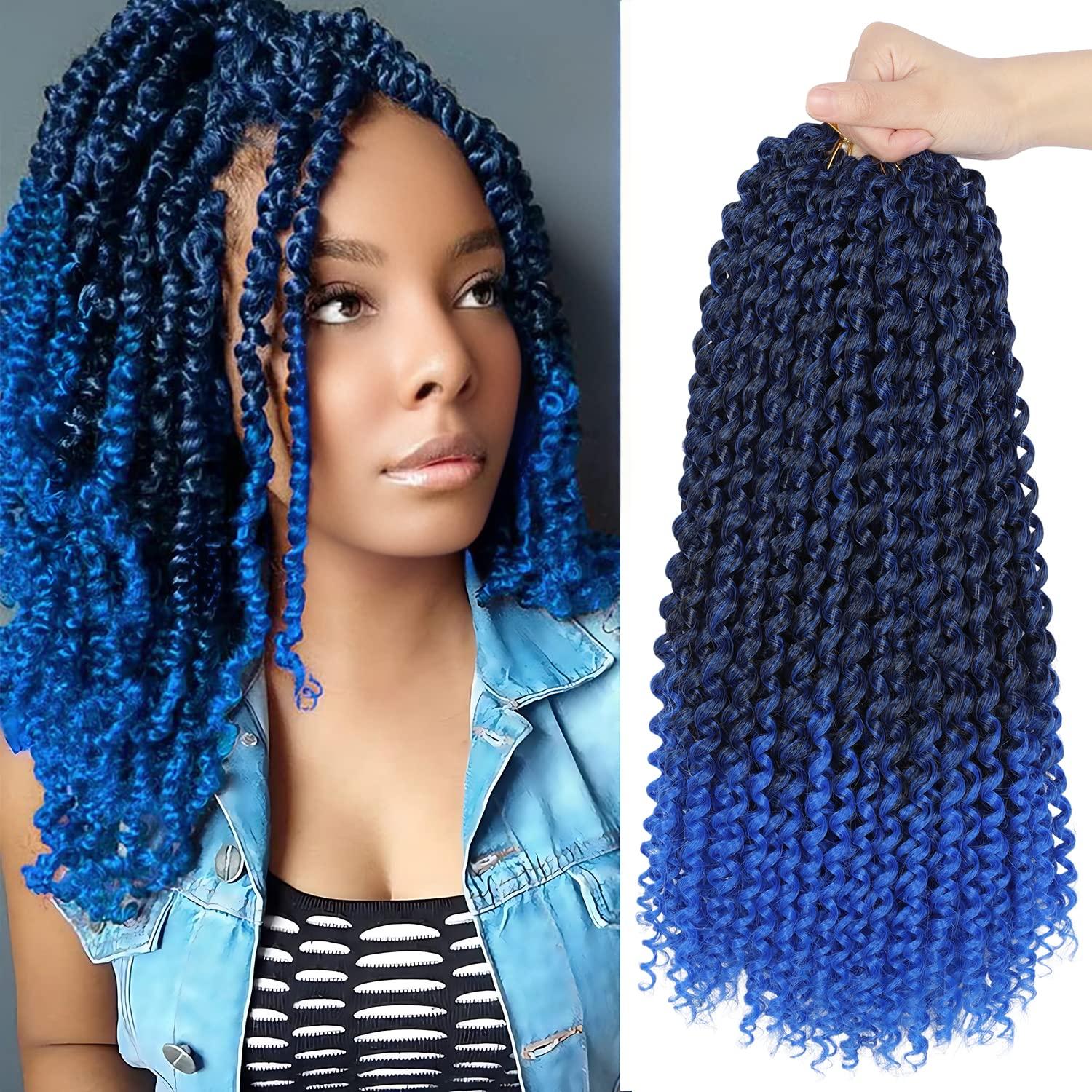 Ubeleco 14 Inch Ombre Blue Passion Twist Hair, Water Wave Crochet Hair For Women Passion Twist Crochet Hair 22 Strands/Pack Bohemian Synthetic Curly Braiding Hair Extensions (14 Inch (Pack of 7),1B/Blue)