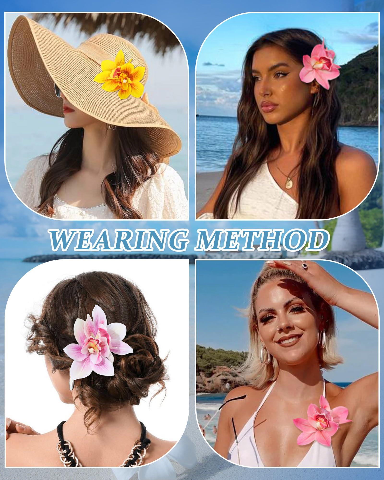 Ufgin 3 PCS Hawaiian Hair Accessories: Orchid, Hibiscus, and Artificial Flower Barrettes for Women (Pink, Rose, Yellow) - Ideal for Wedding, Bridal, Beach Party