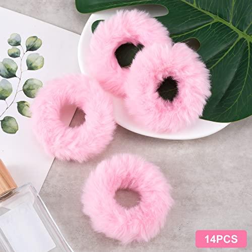 OIIKI OIIKI Pink Fuzzy Hair Scrunchies, 14pcs Furry Hair Scrunchies Furry Hair Bands with Faux Rabbit Fur, Elastic Hair Tie Ponytail Holders for Girls Women Hair Accessories