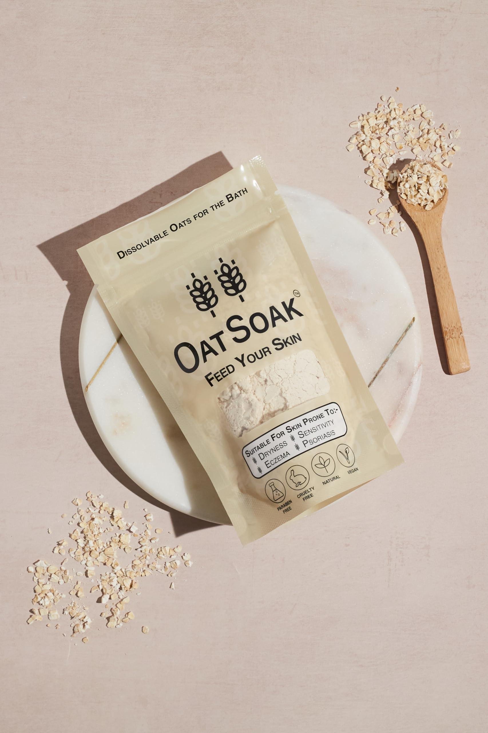 Bare Boutique OatSoak Colloidal Oatmeal Bath Additive. Dissolvable Oatmeal. Suitable for skin prone to Eczema, Psoriasis, Sunburn, and Chicken Pox. 100% Scottish Oatmeal Bath Powder. Skin Care