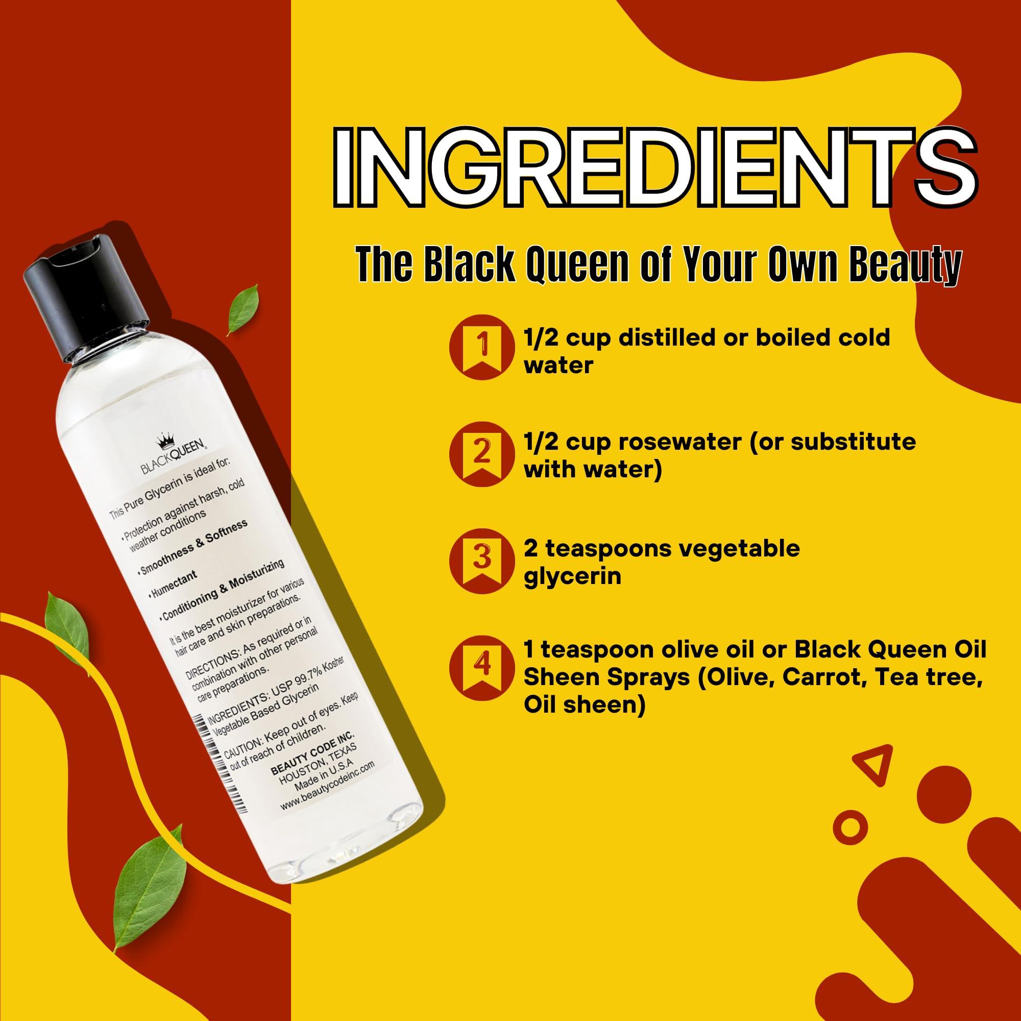 Black Queen Black Queen Vegetable Glycerin-100% Pure-4C Dry Hair & Skin Moisturizer- 8 oz- USP-Kosher grade, Made in USA-Do-It-Yourself (Pack of 2)